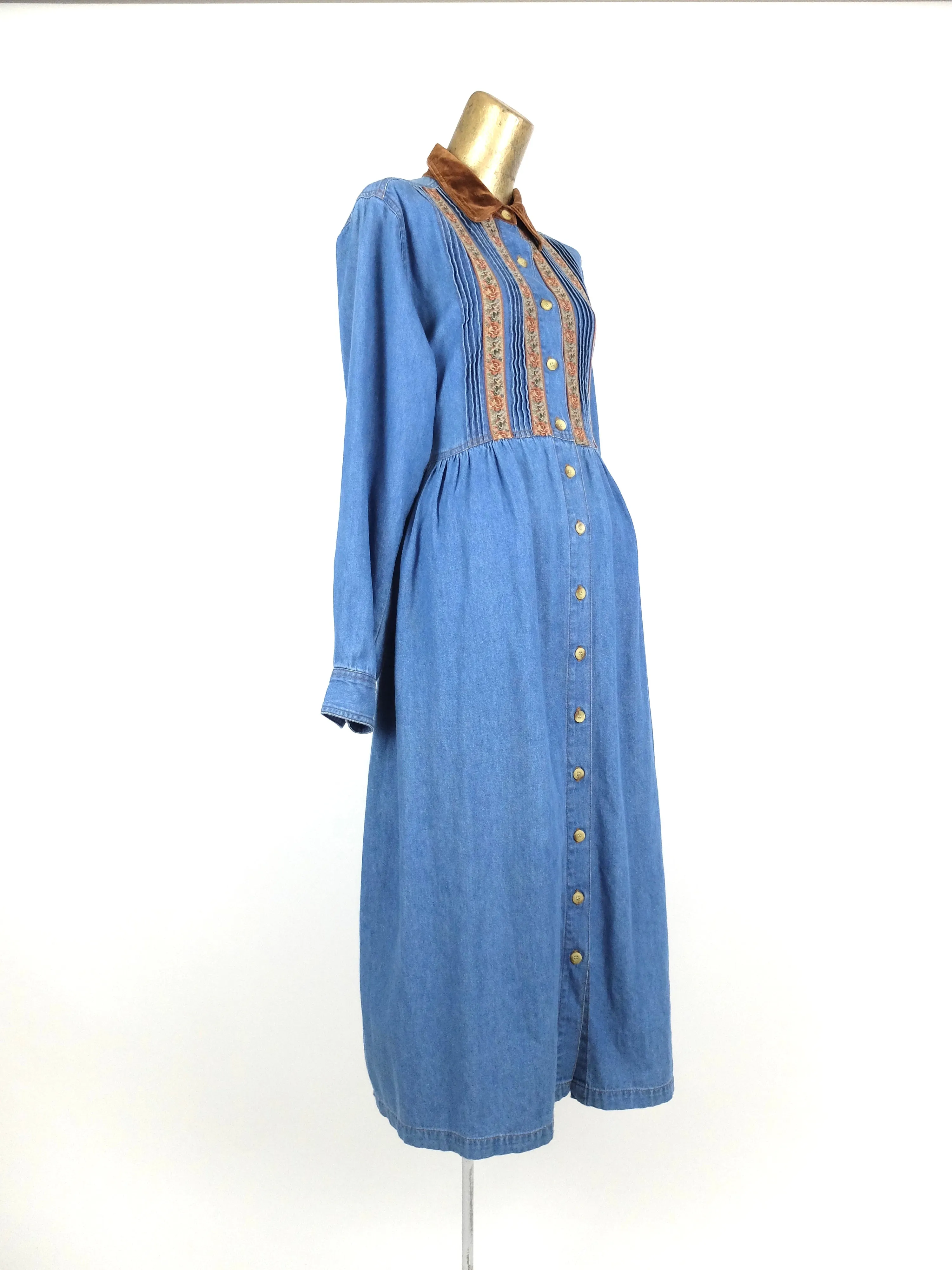 80s Bohemian Hippie Prairie Western Blue Denim Collared Long Sleeve Button Up Dress