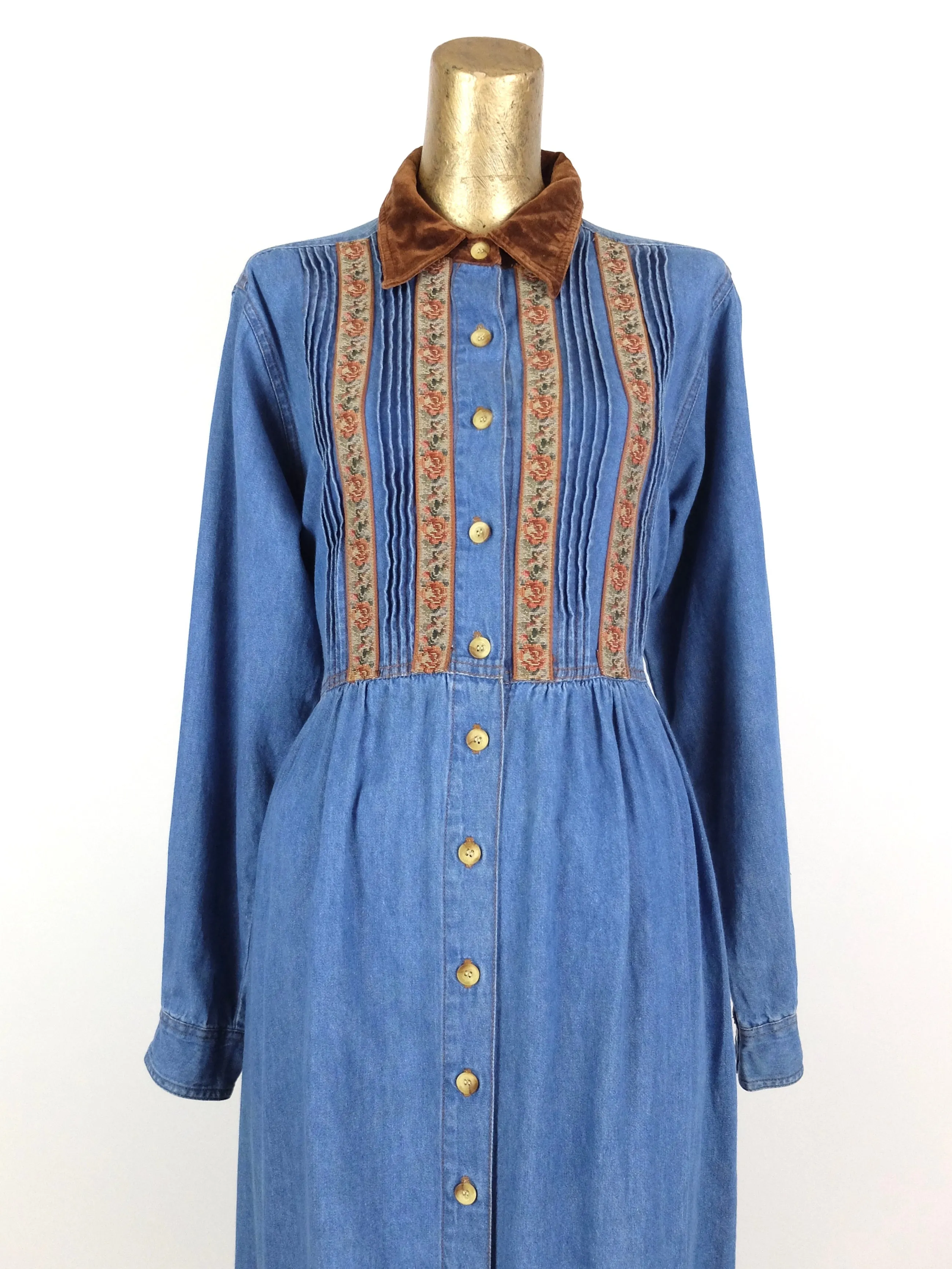 80s Bohemian Hippie Prairie Western Blue Denim Collared Long Sleeve Button Up Dress