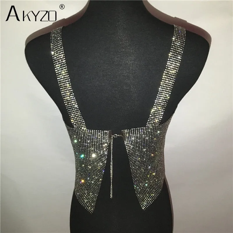 Backless Rhinestone Metal Crystal Diamonds Sequined Night Club Party Wear Crop Top