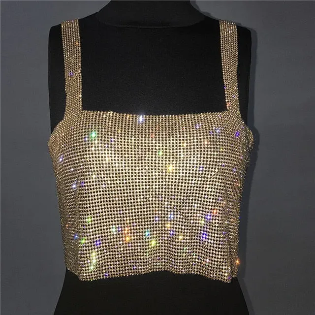 Backless Rhinestone Metal Crystal Diamonds Sequined Night Club Party Wear Crop Top