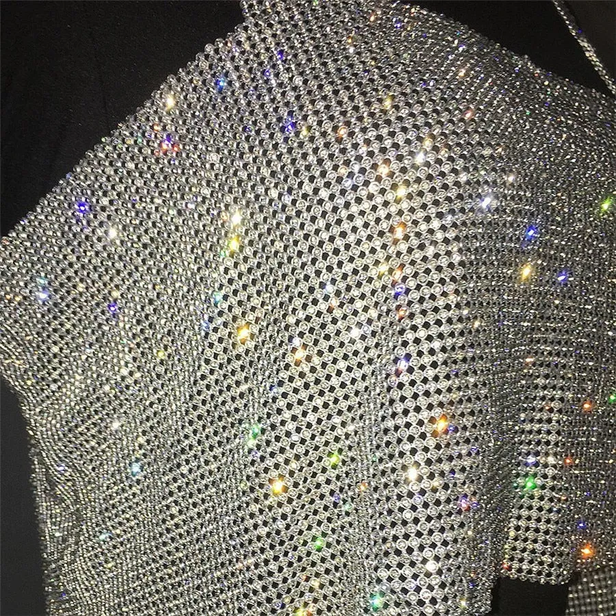 Backless Rhinestone Metal Crystal Diamonds Sequined Night Club Party Wear Crop Top