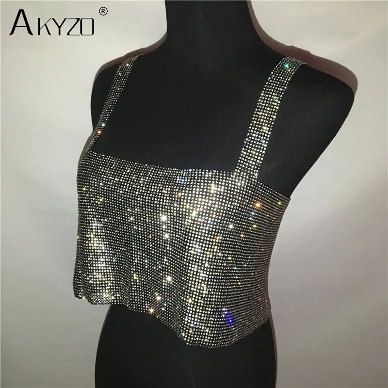 Backless Rhinestone Metal Crystal Diamonds Sequined Night Club Party Wear Crop Top