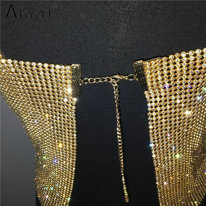 Backless Rhinestone Metal Crystal Diamonds Sequined Night Club Party Wear Crop Top