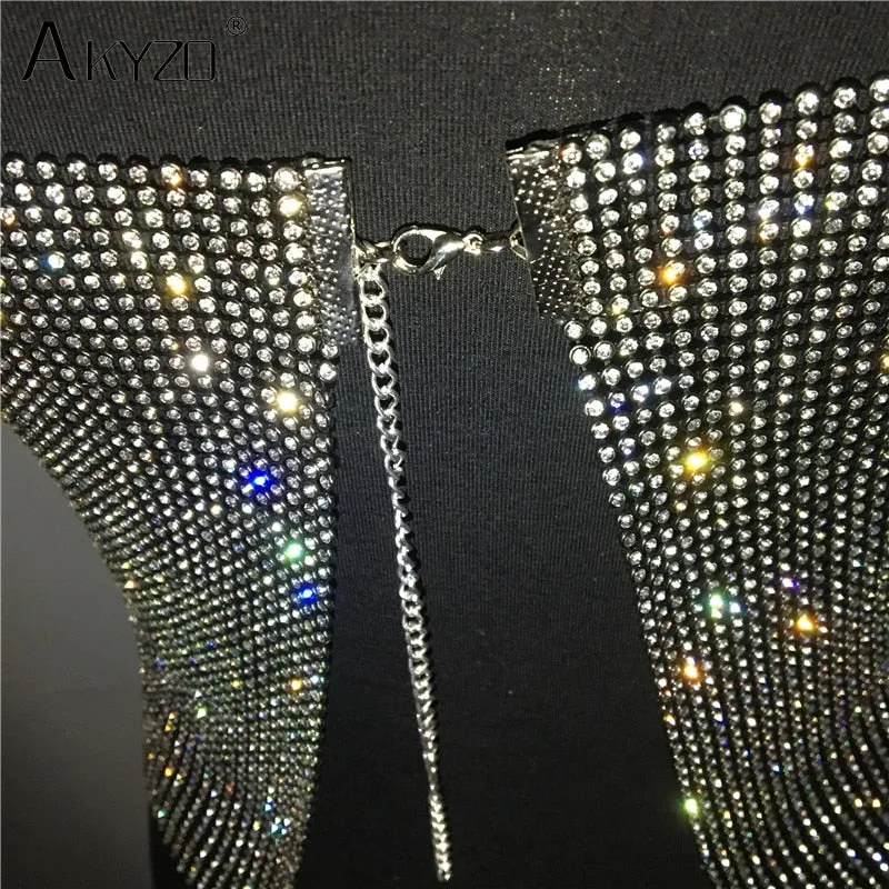 Backless Rhinestone Metal Crystal Diamonds Sequined Night Club Party Wear Crop Top