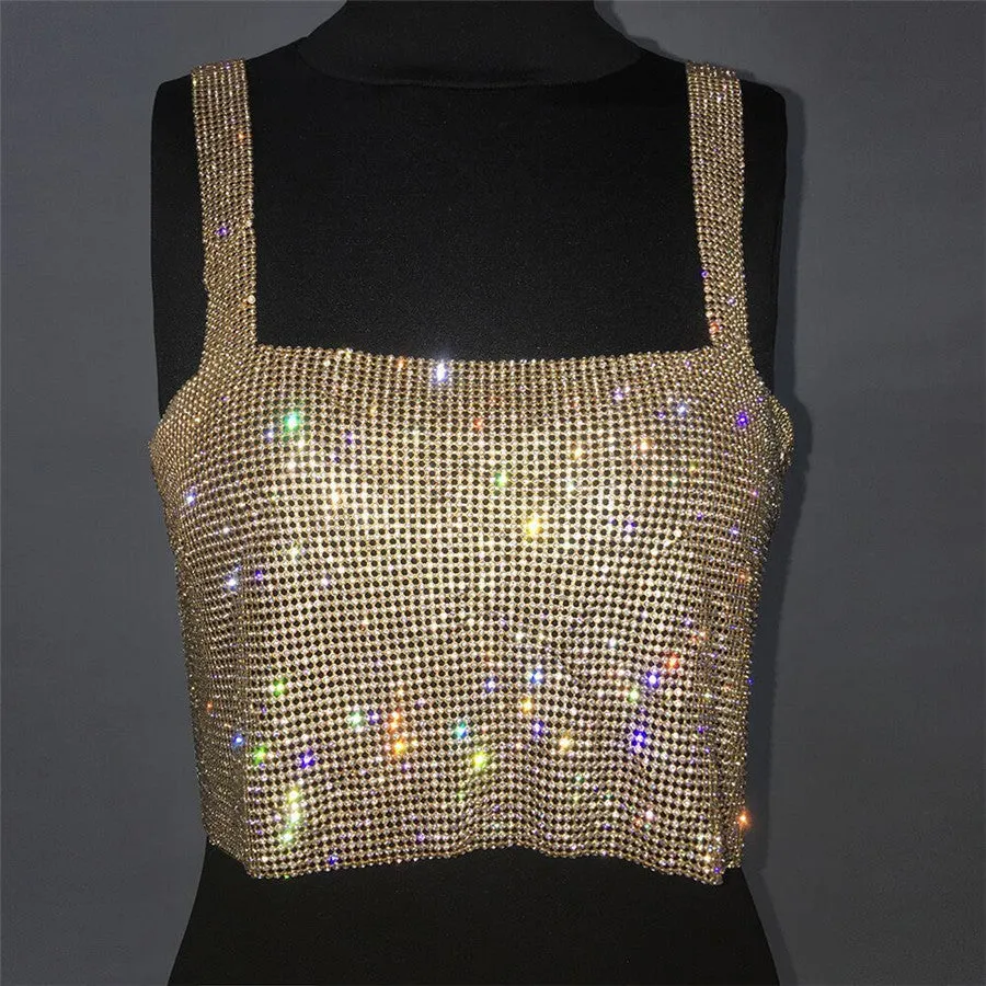 Backless Rhinestone Metal Crystal Diamonds Sequined Night Club Party Wear Crop Top
