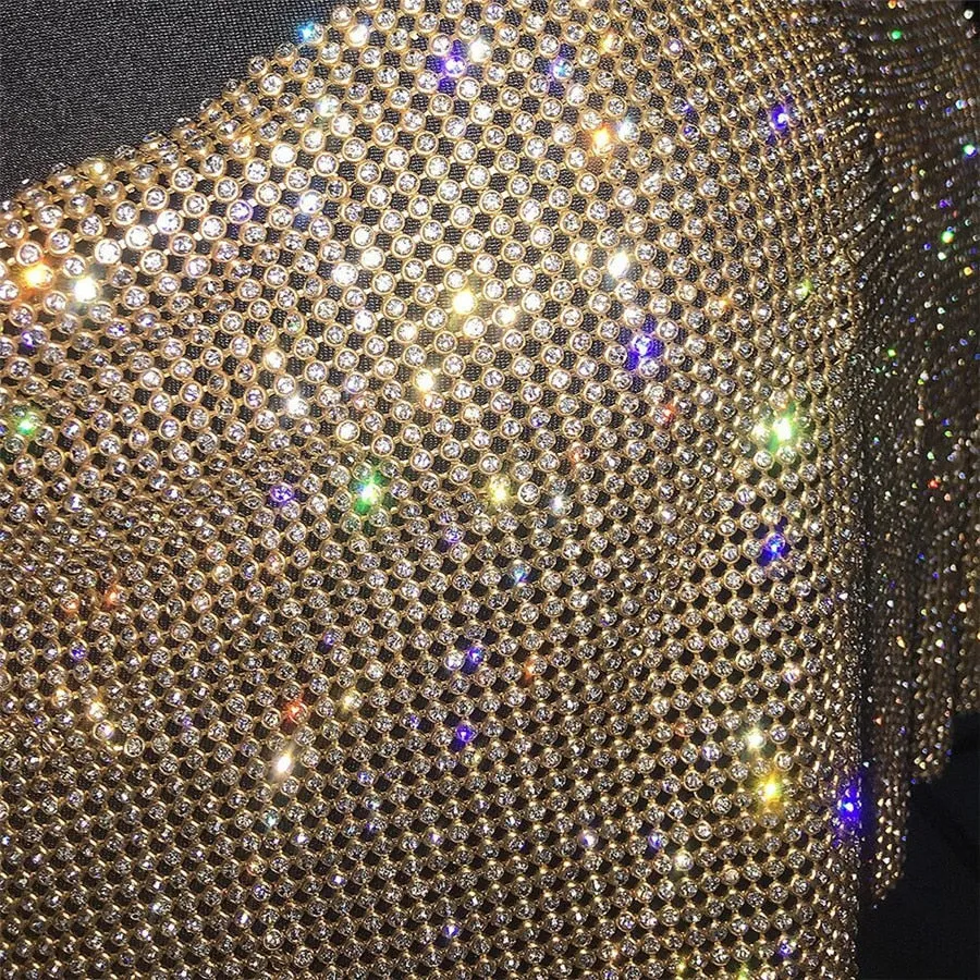 Backless Rhinestone Metal Crystal Diamonds Sequined Night Club Party Wear Crop Top