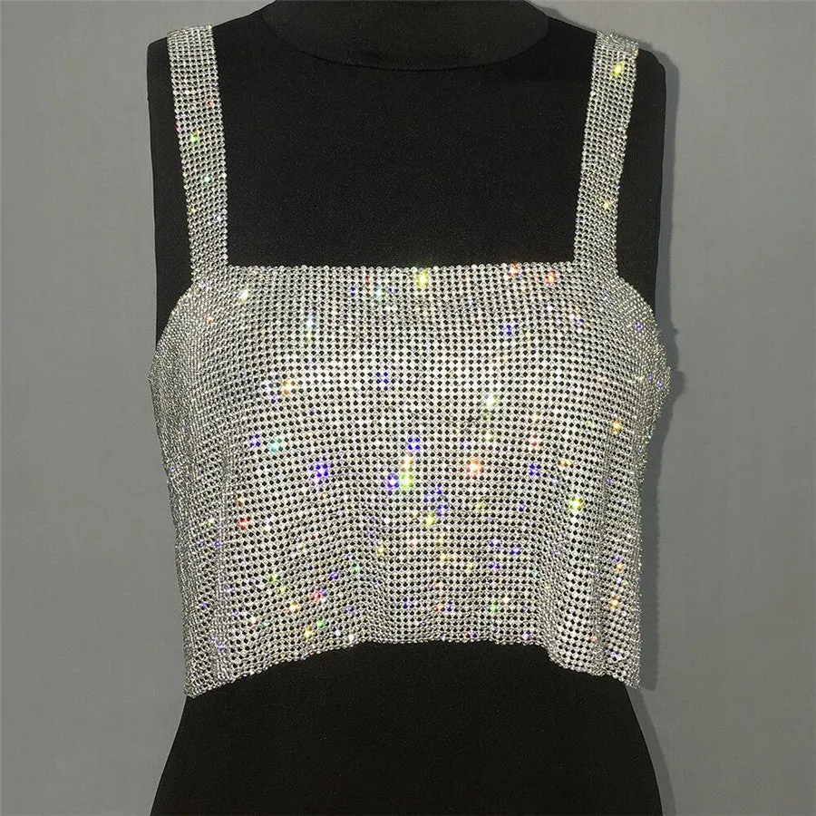 Backless Rhinestone Metal Crystal Diamonds Sequined Night Club Party Wear Crop Top