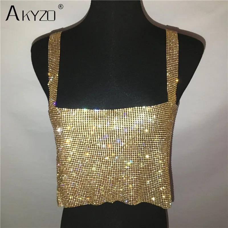 Backless Rhinestone Metal Crystal Diamonds Sequined Night Club Party Wear Crop Top