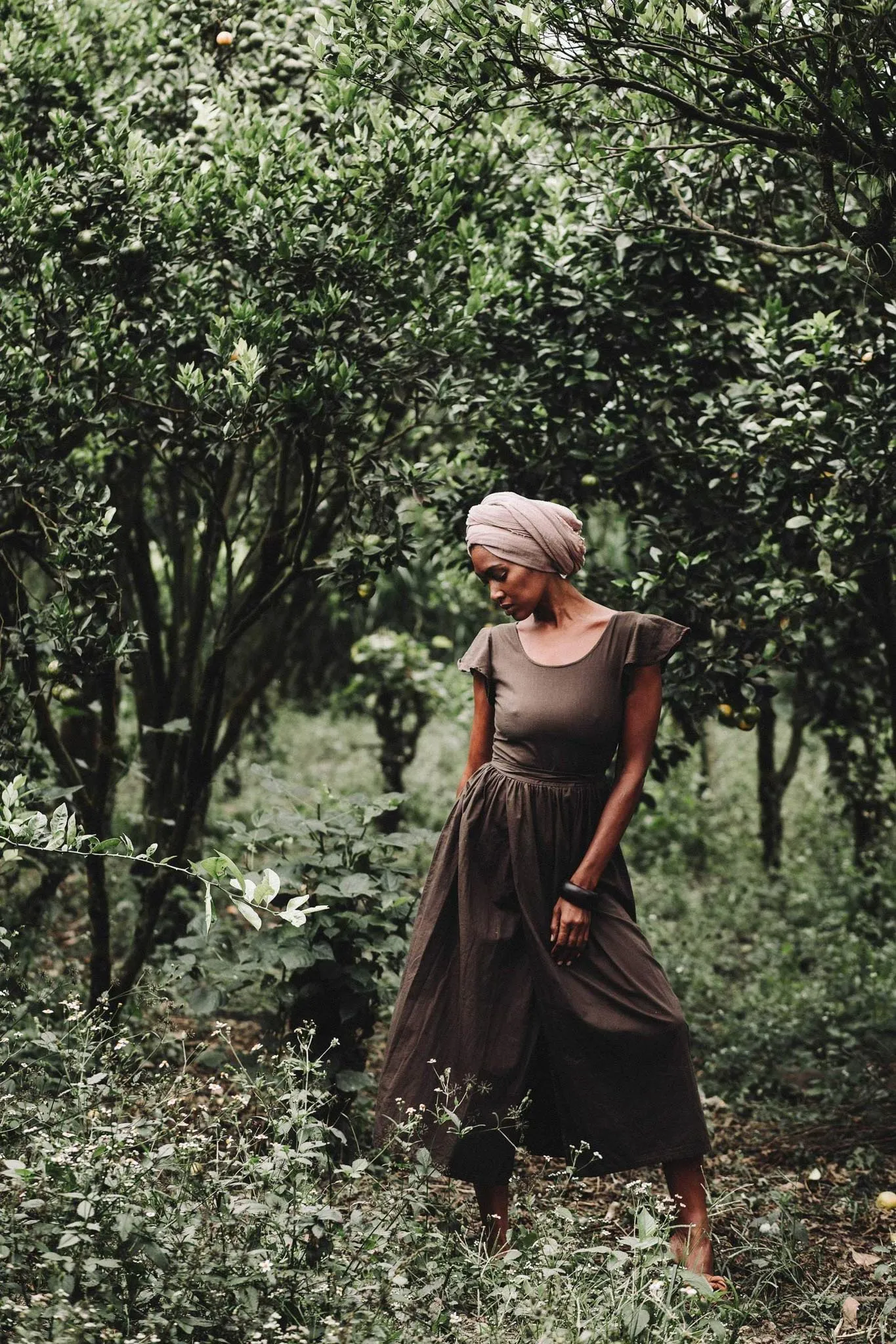Brown Organic Linen Goddess Dress with V-shape Open Back