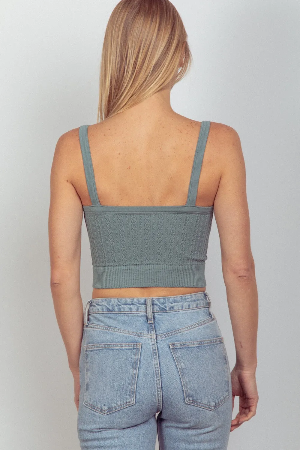 Cable Ribbed Fitted Crop Tank Top Dk Sage
