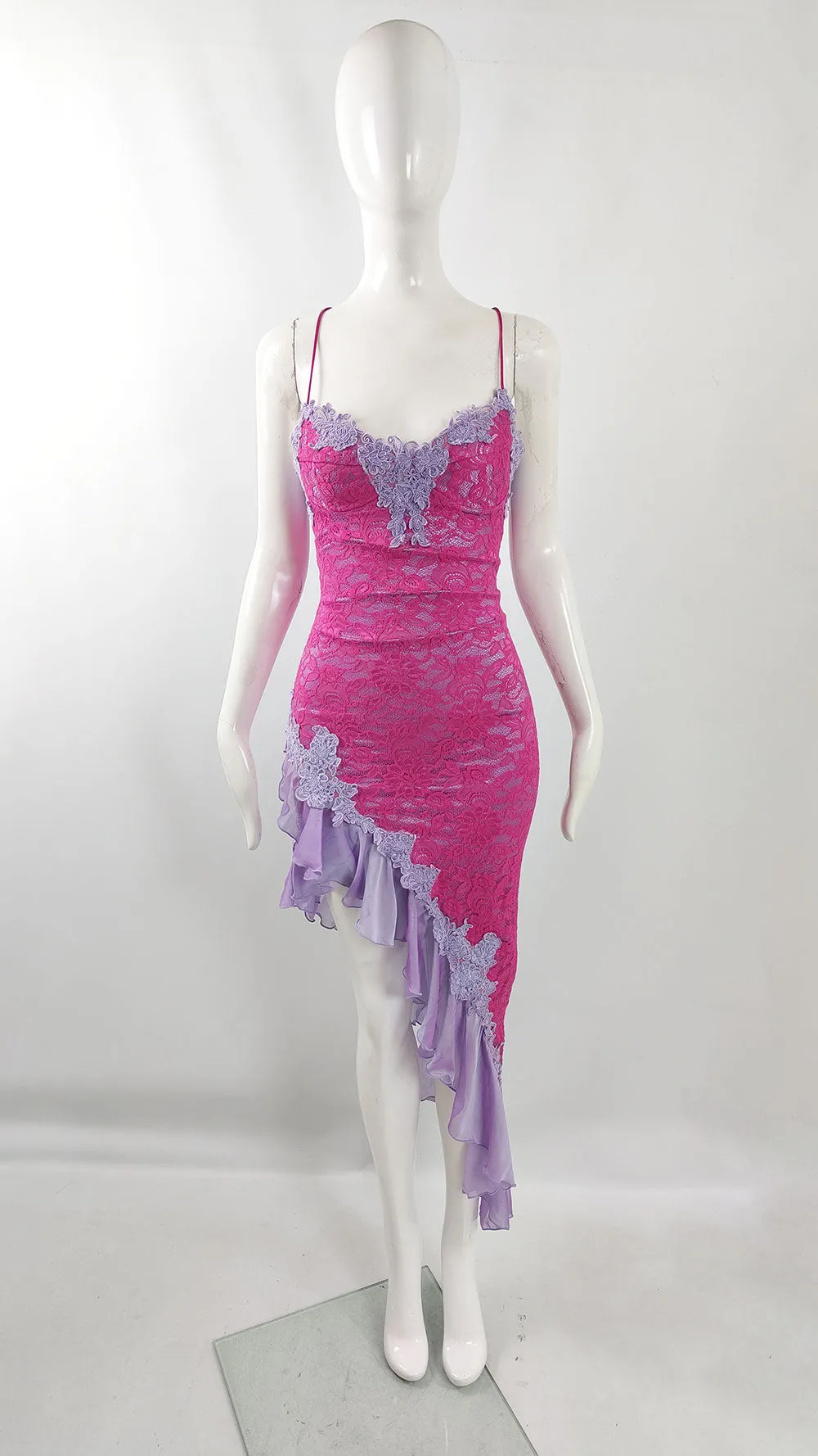 Catwalk Collection Vintage Hot Pink Lace & Purple Chiffon Dress, 2000s