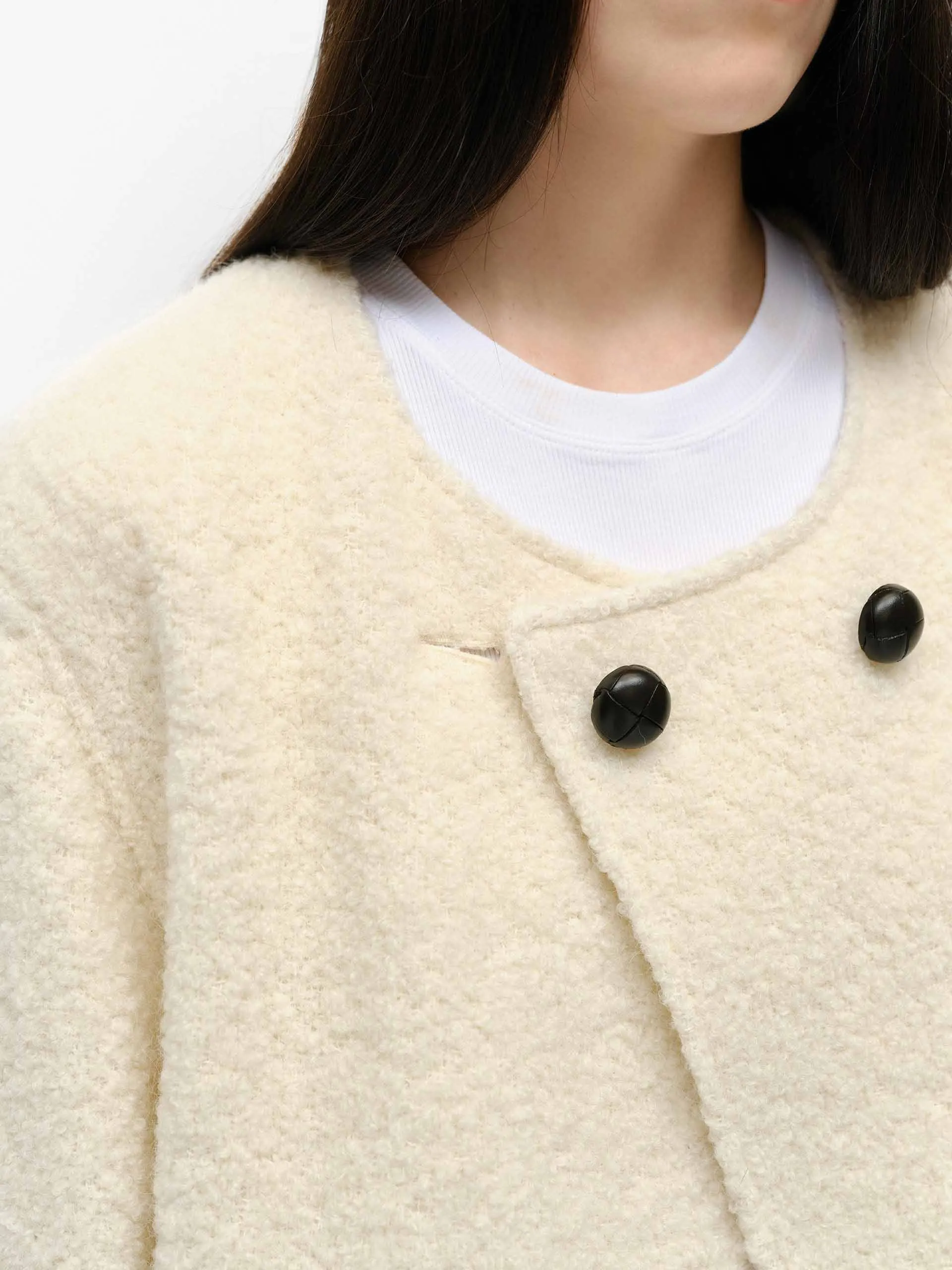 Collarless Boucle Knit Coat