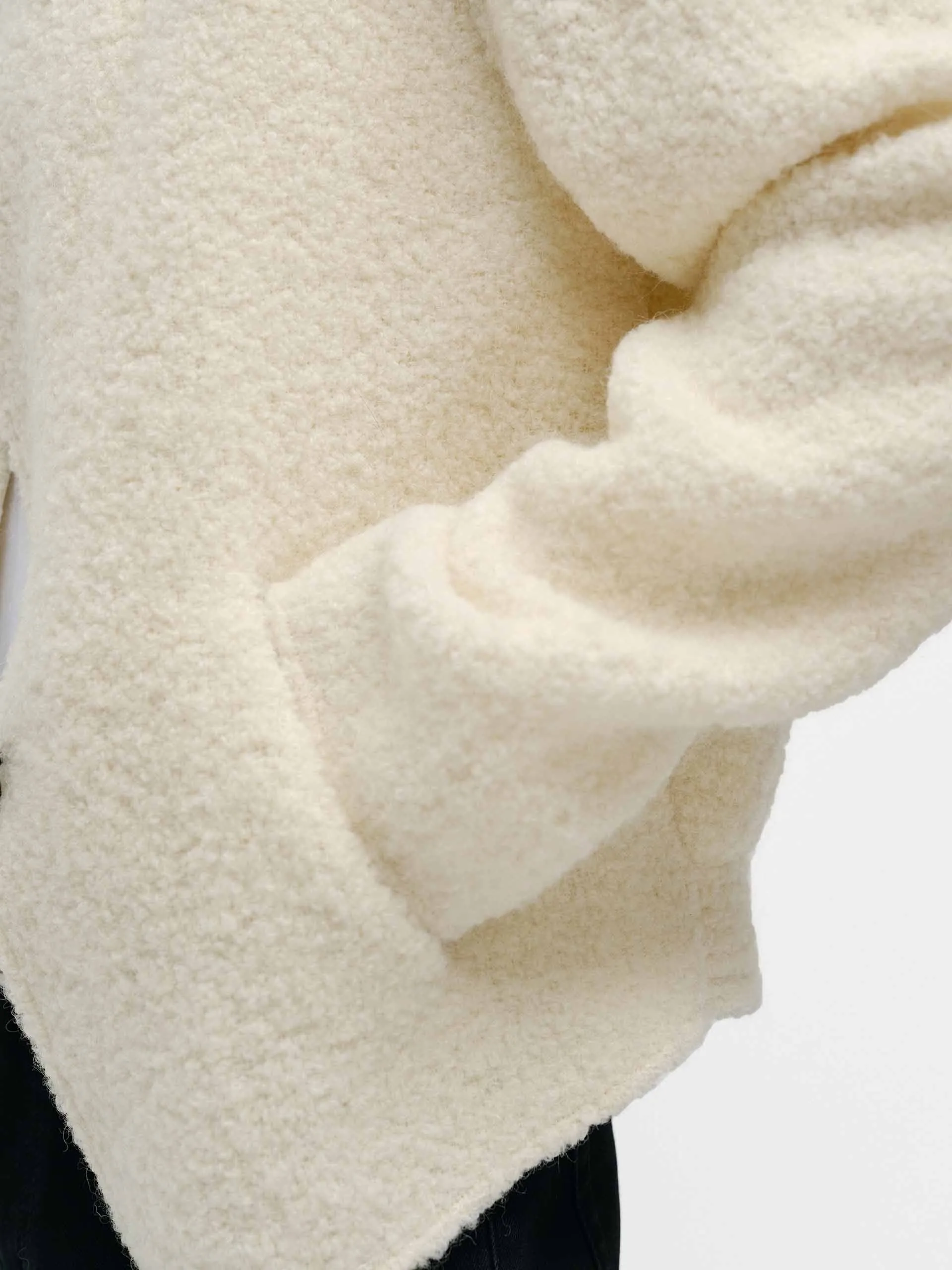Collarless Boucle Knit Coat
