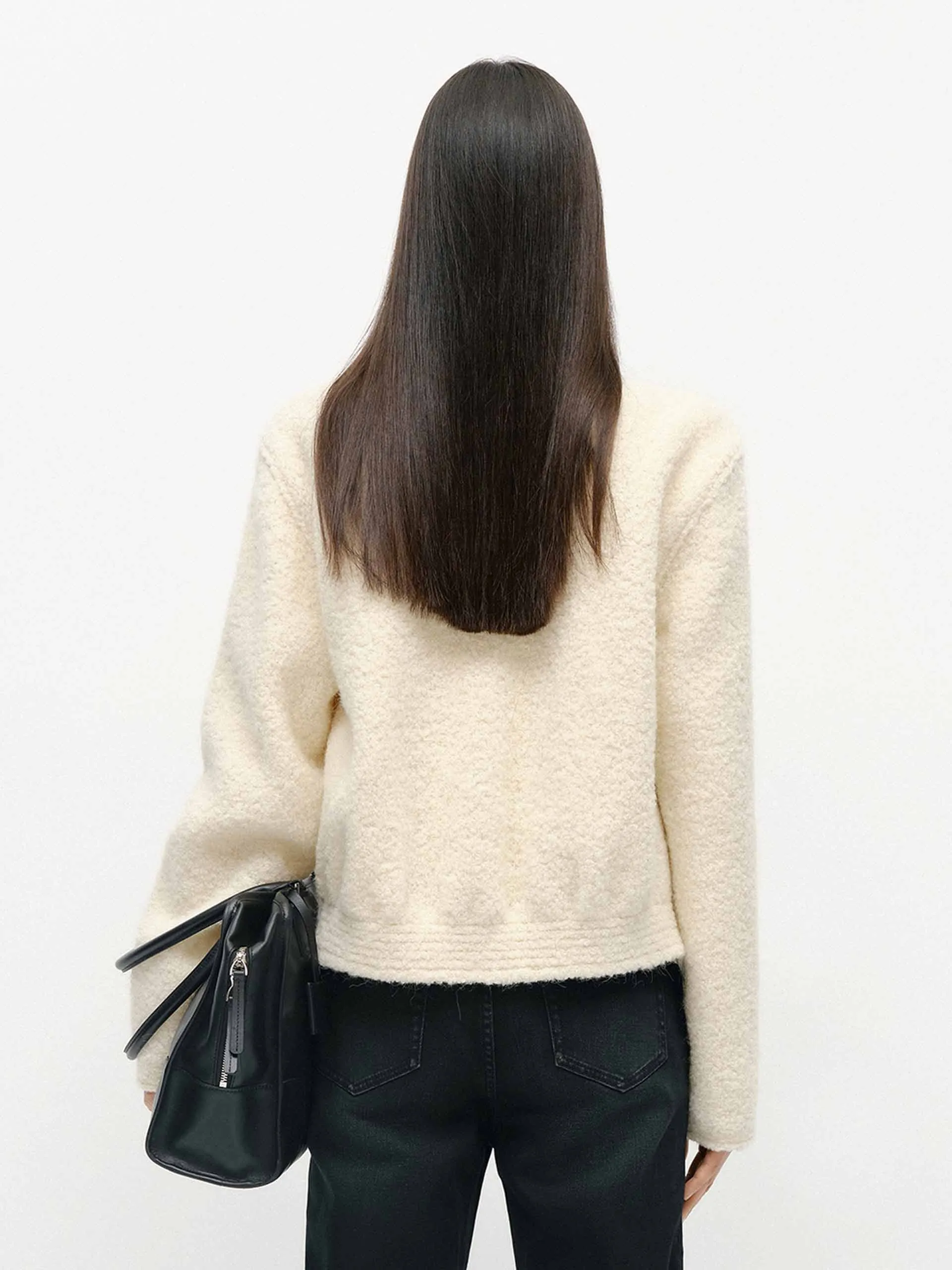Collarless Boucle Knit Coat