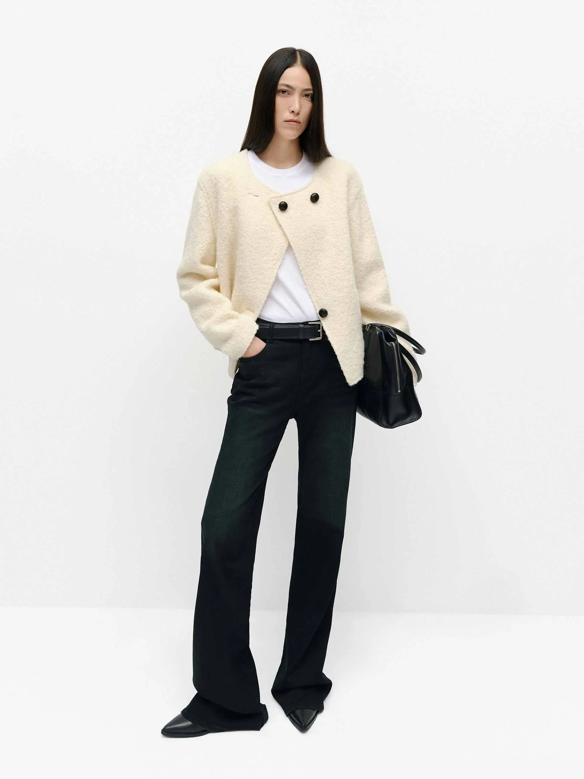 Collarless Boucle Knit Coat