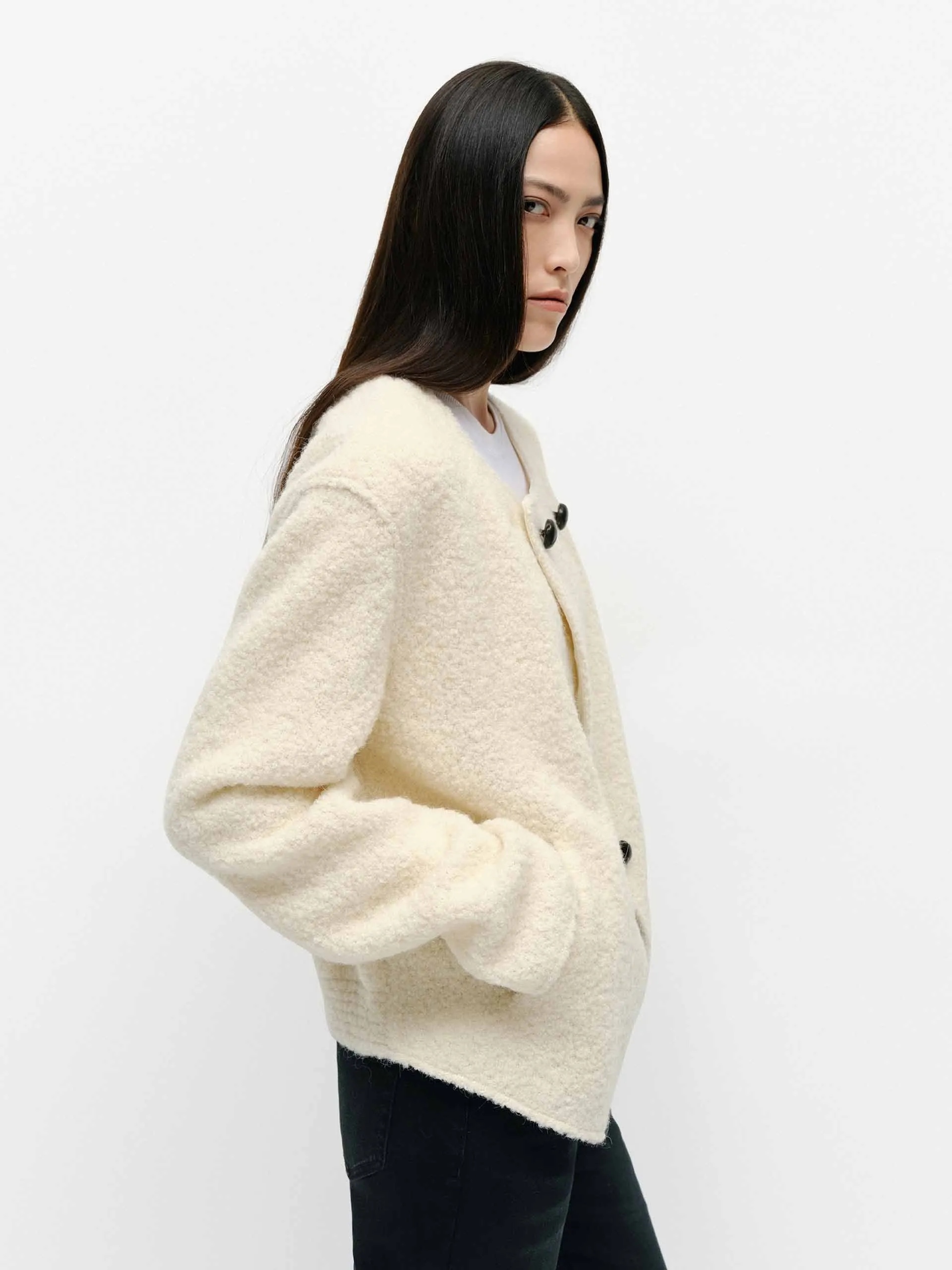 Collarless Boucle Knit Coat
