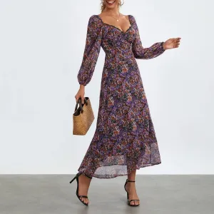Fall Casual Floral Print Sweetheart Neckline Long Puff Sleeve Fashion Backless Holiday Maxi Spring Dress Fall Casual Floral Print Sweetheart Neckline Long Puff Sleeve Fashion Backless Holiday Maxi Spring Dress