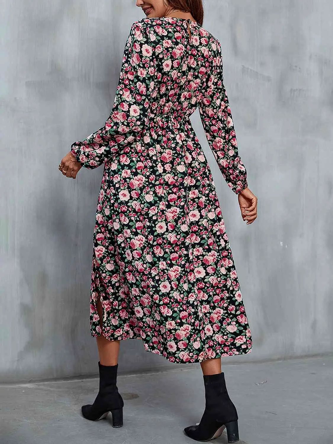 Floral V-Neck Slit Midi Dress