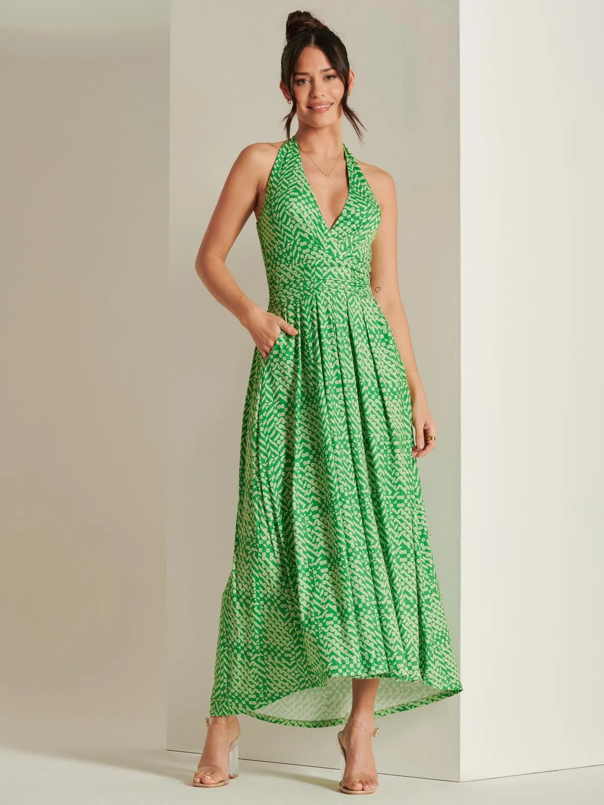Plunge Neck Shirred Back Maxi Dress, Green Geo