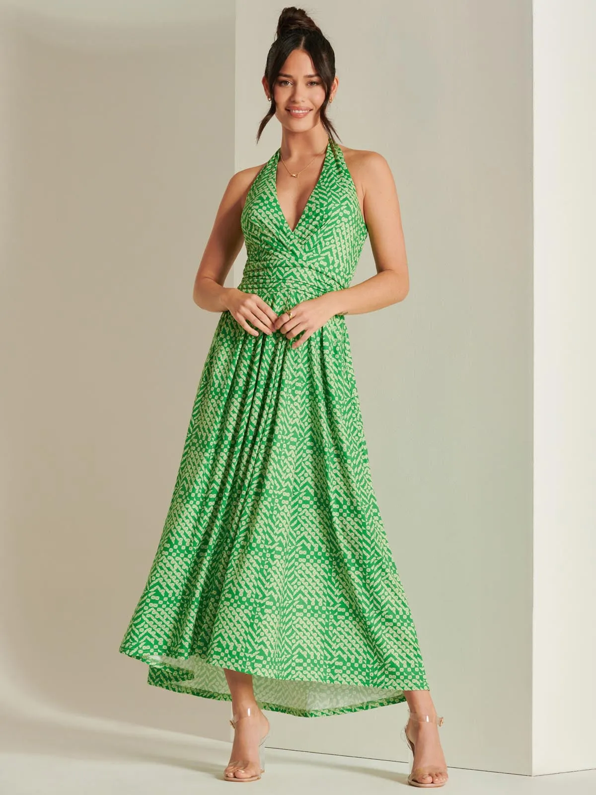 Plunge Neck Shirred Back Maxi Dress, Green Geo