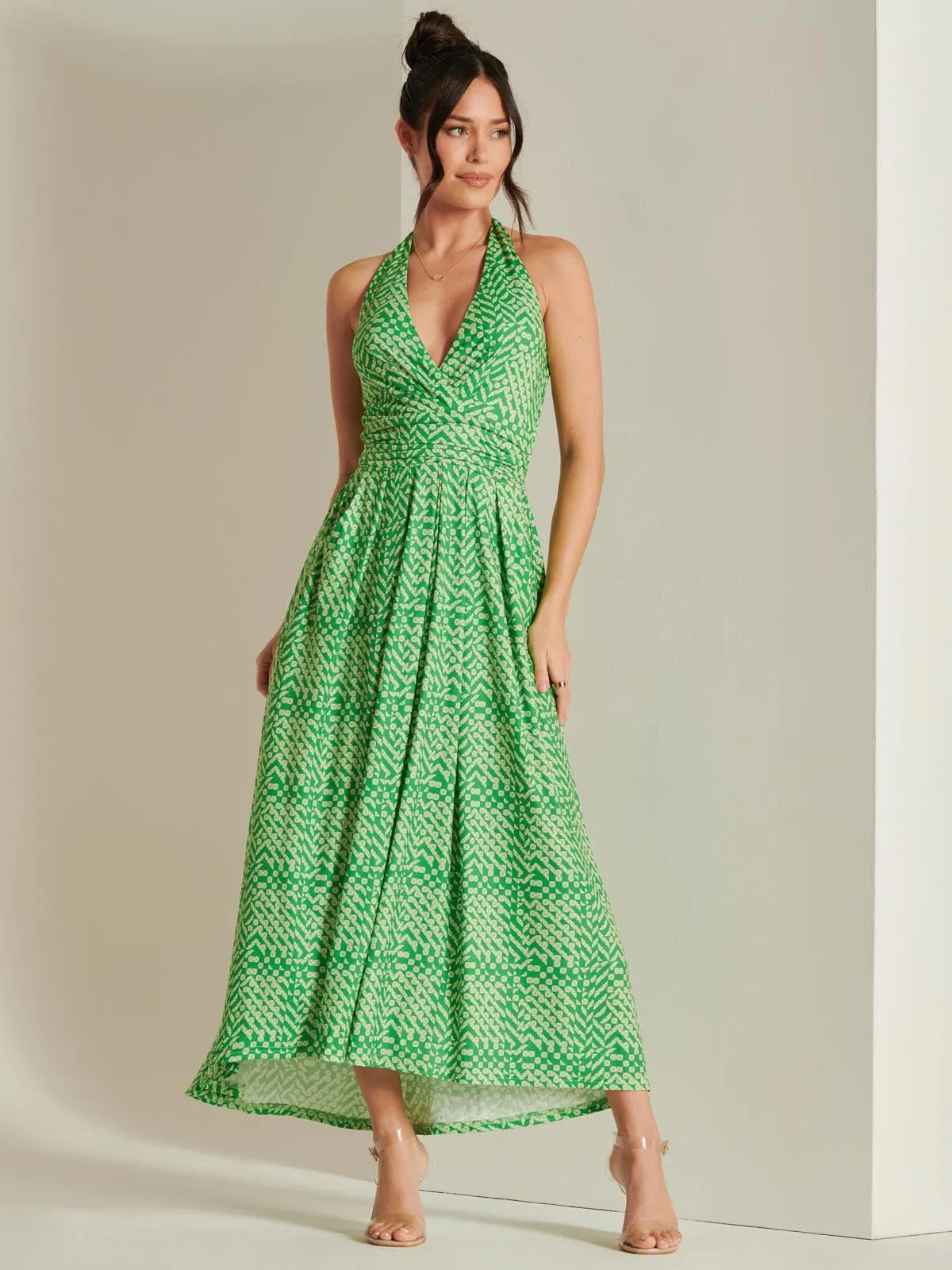 Plunge Neck Shirred Back Maxi Dress, Green Geo