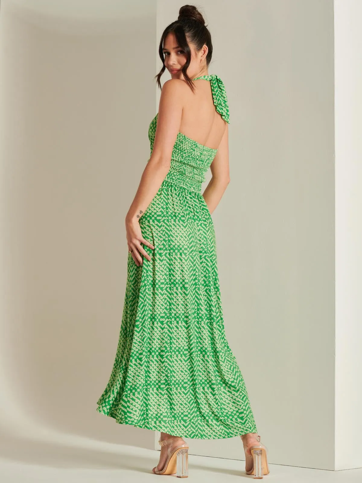Plunge Neck Shirred Back Maxi Dress, Green Geo
