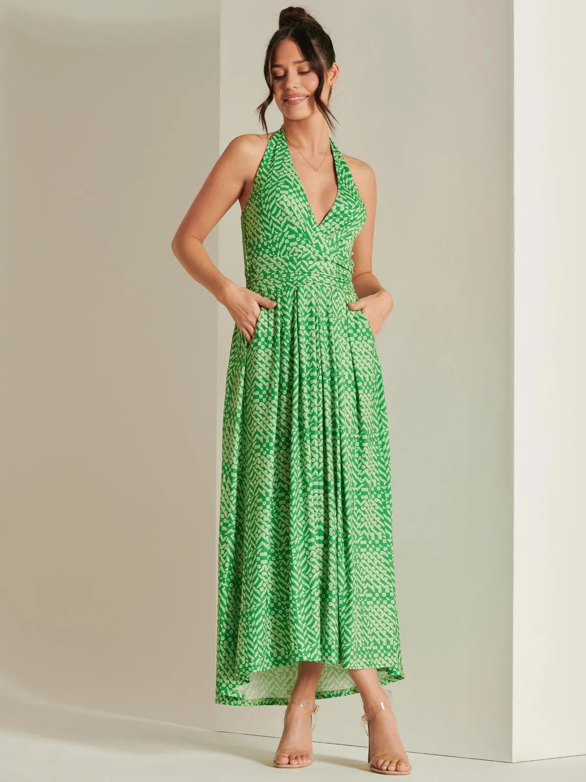 Plunge Neck Shirred Back Maxi Dress, Green Geo