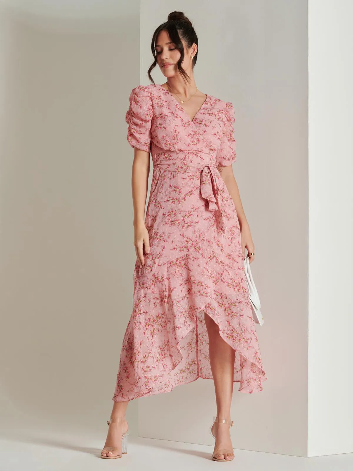 Print Metallic textured Chiffon Maxi Dress, Pink Multi