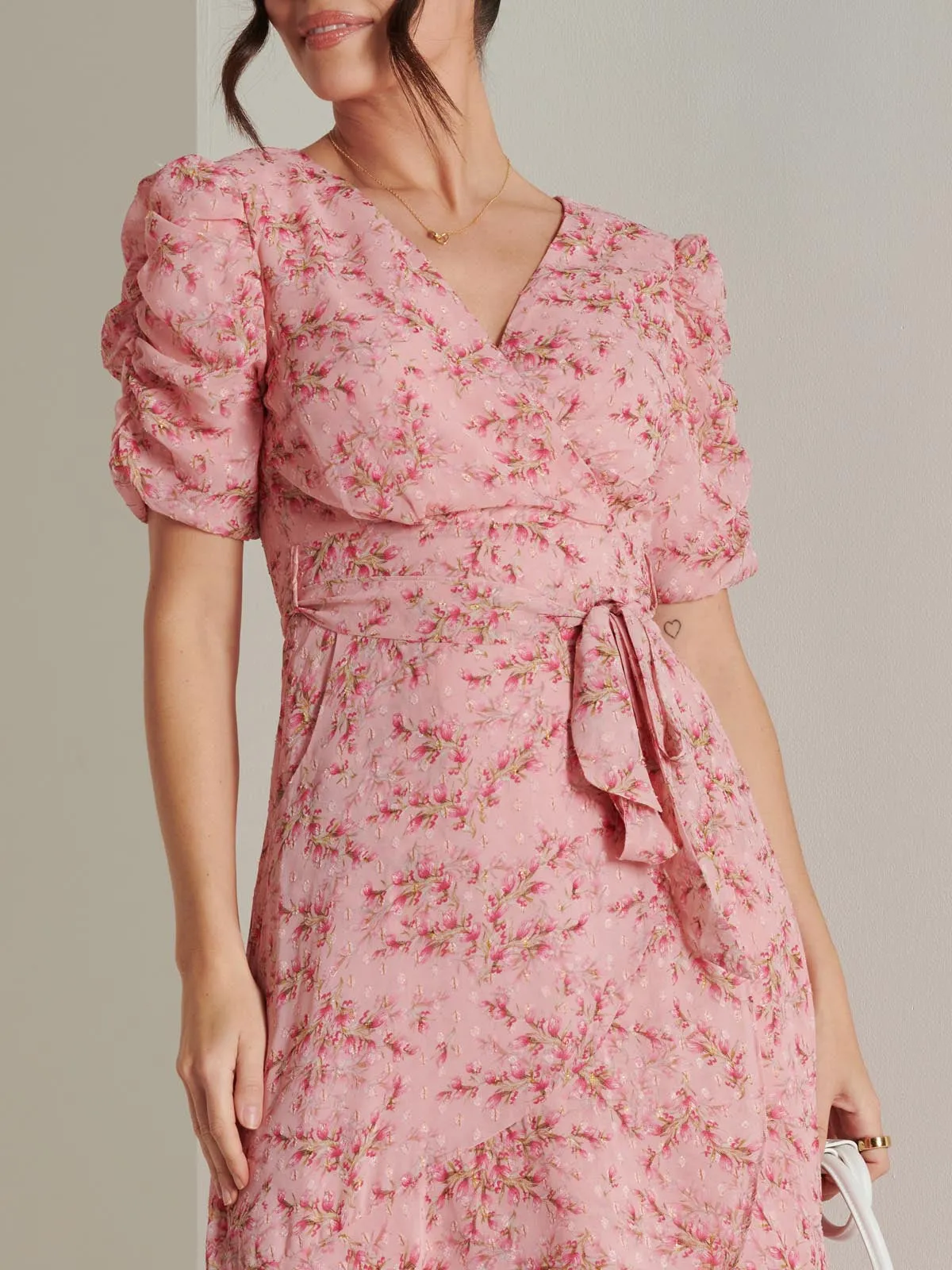 Print Metallic textured Chiffon Maxi Dress, Pink Multi