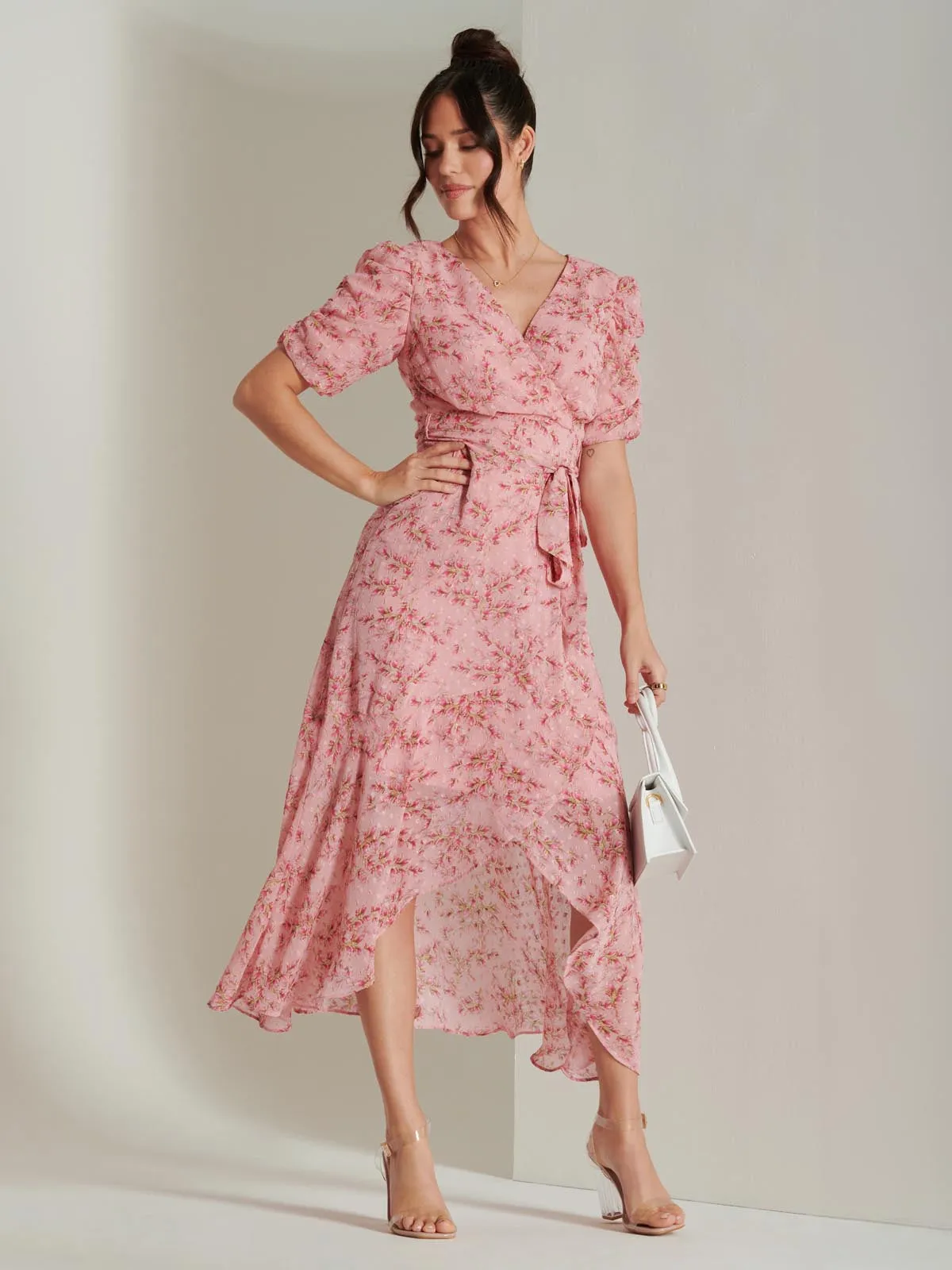 Print Metallic textured Chiffon Maxi Dress, Pink Multi