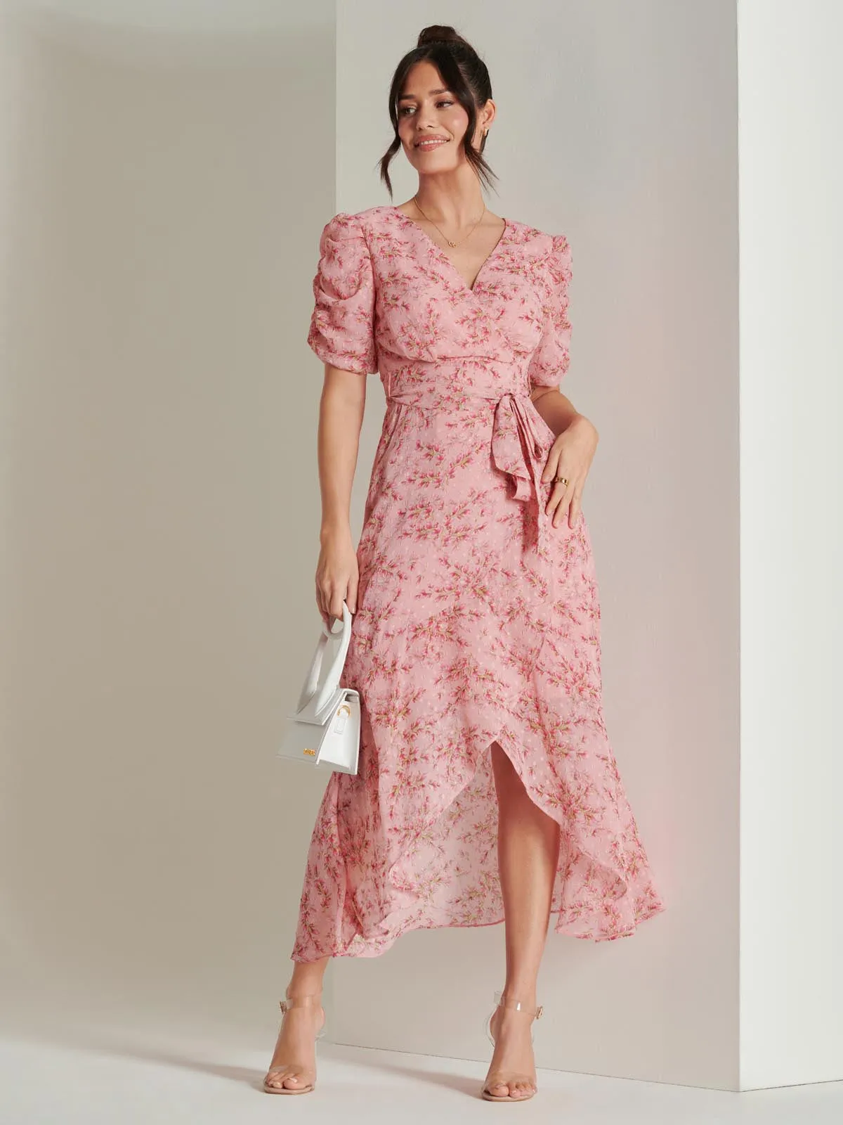 Print Metallic textured Chiffon Maxi Dress, Pink Multi