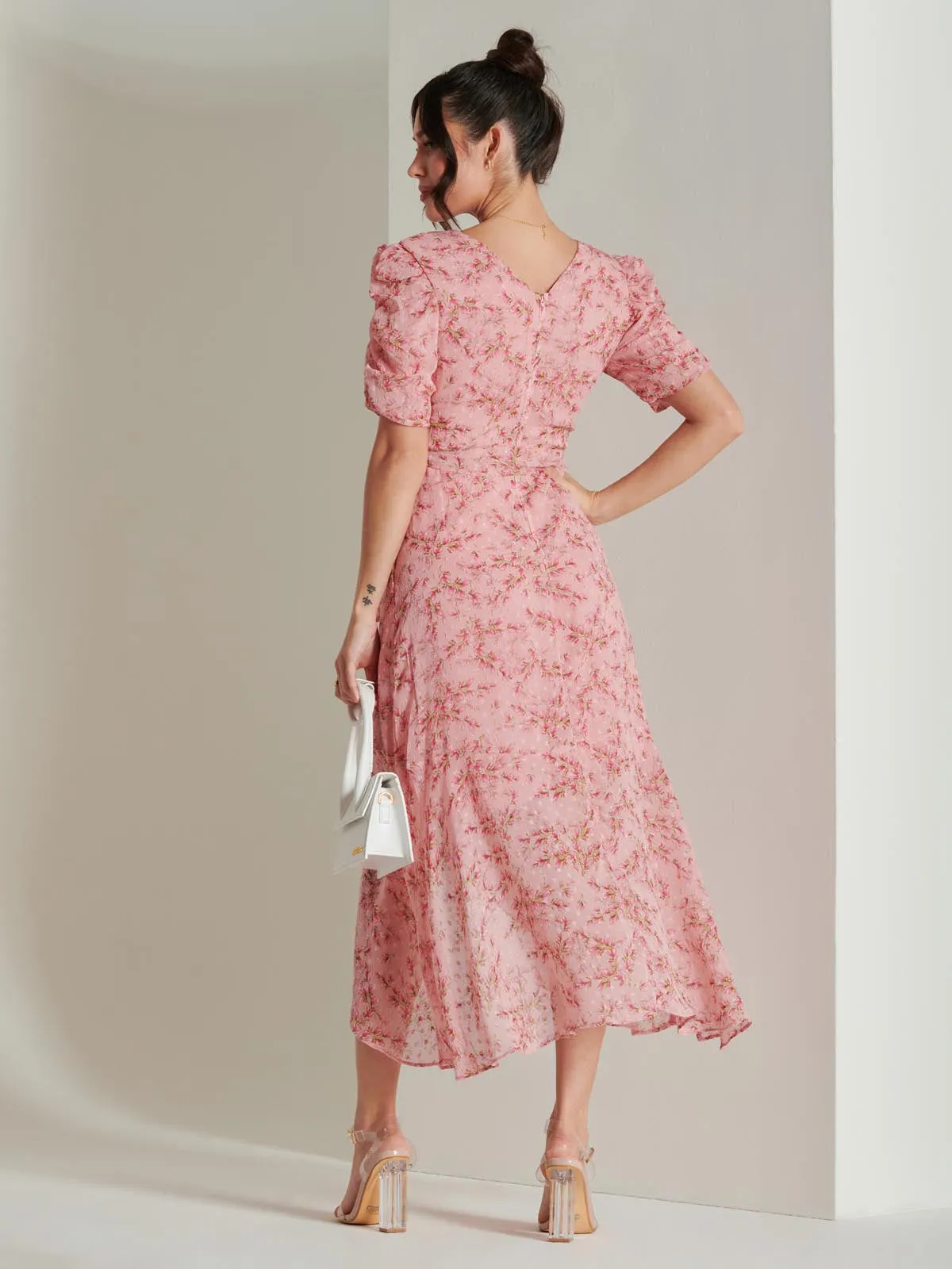 Print Metallic textured Chiffon Maxi Dress, Pink Multi