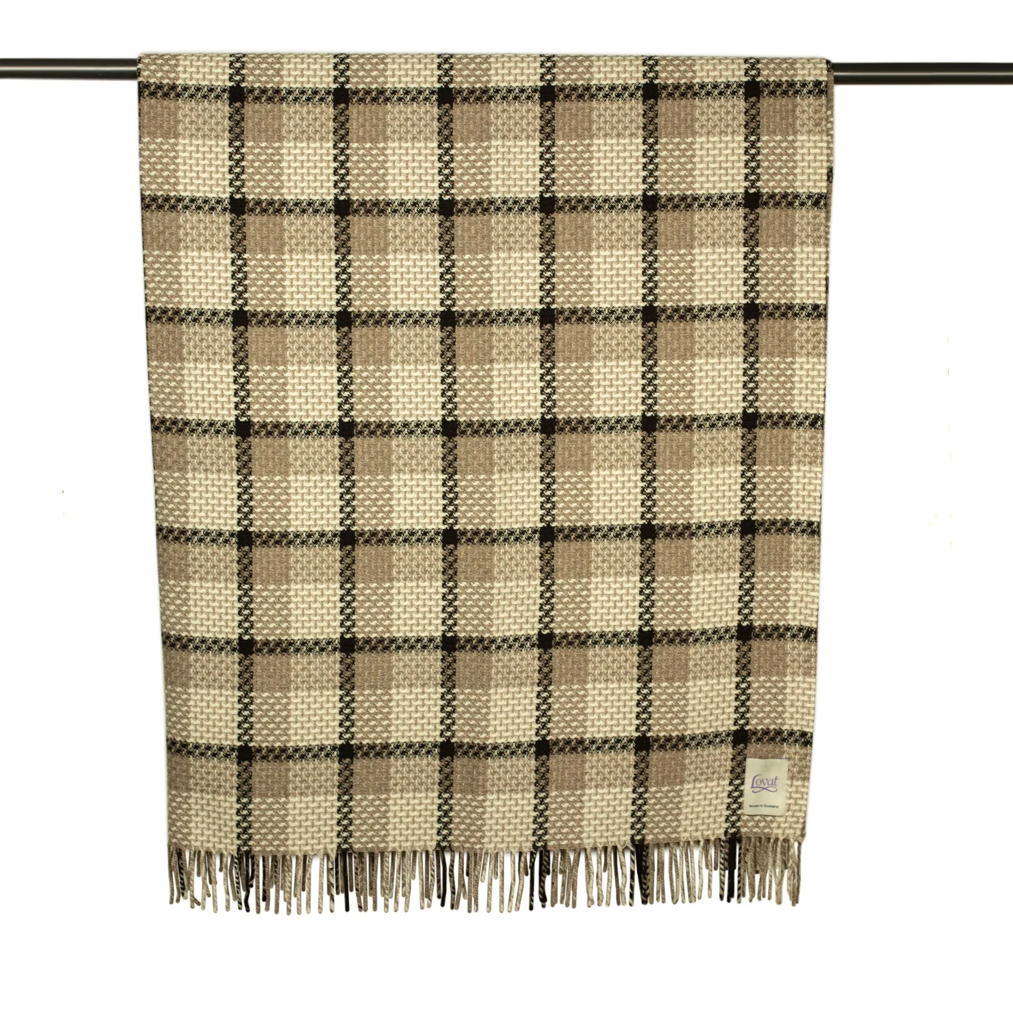 "Coorie Doon" throw blanket in coffee, cream, and mocha country plaid lambswool