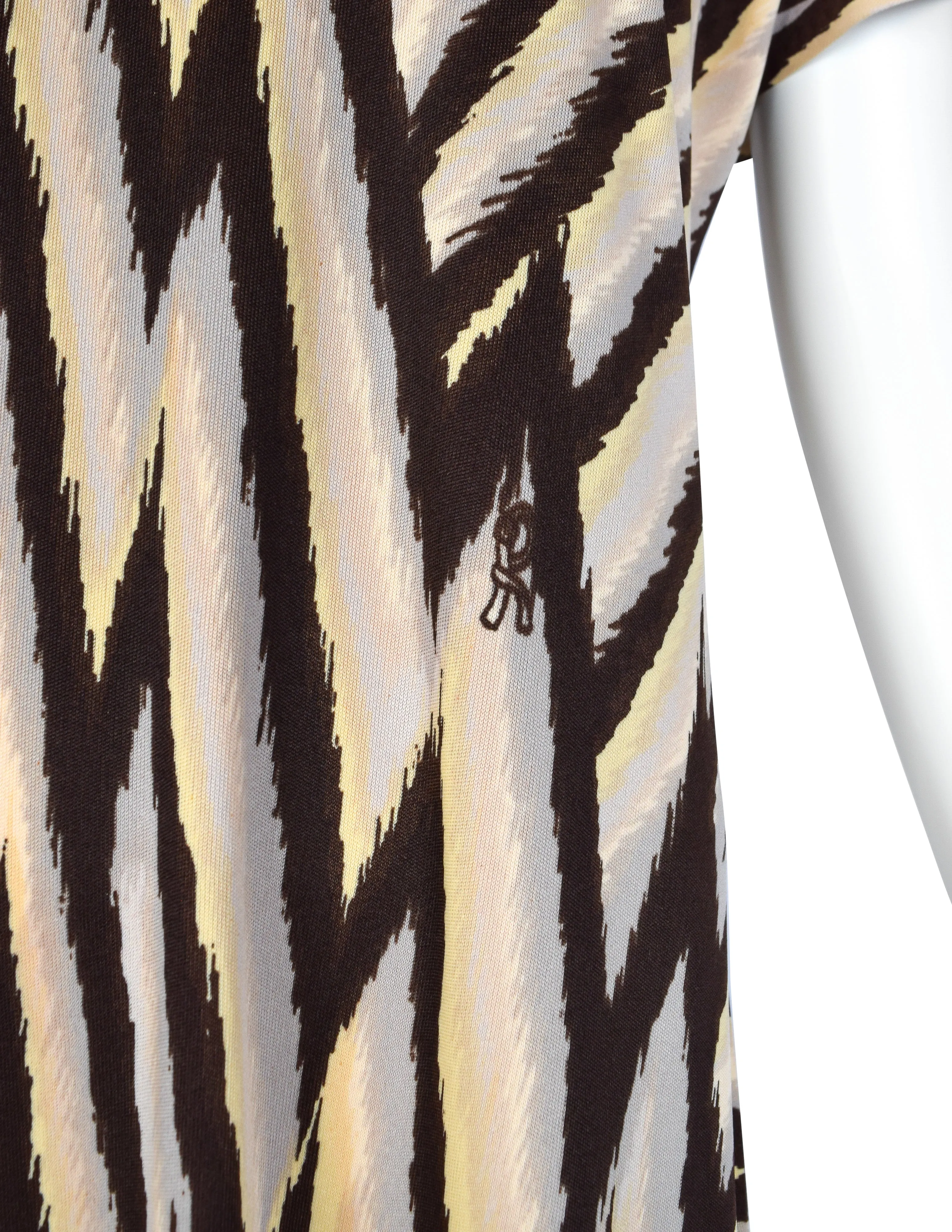 Roberta di Camerino Vintage 1978 Beige Yellow & Brown Zig Zag Print Jersey Maxi Dress