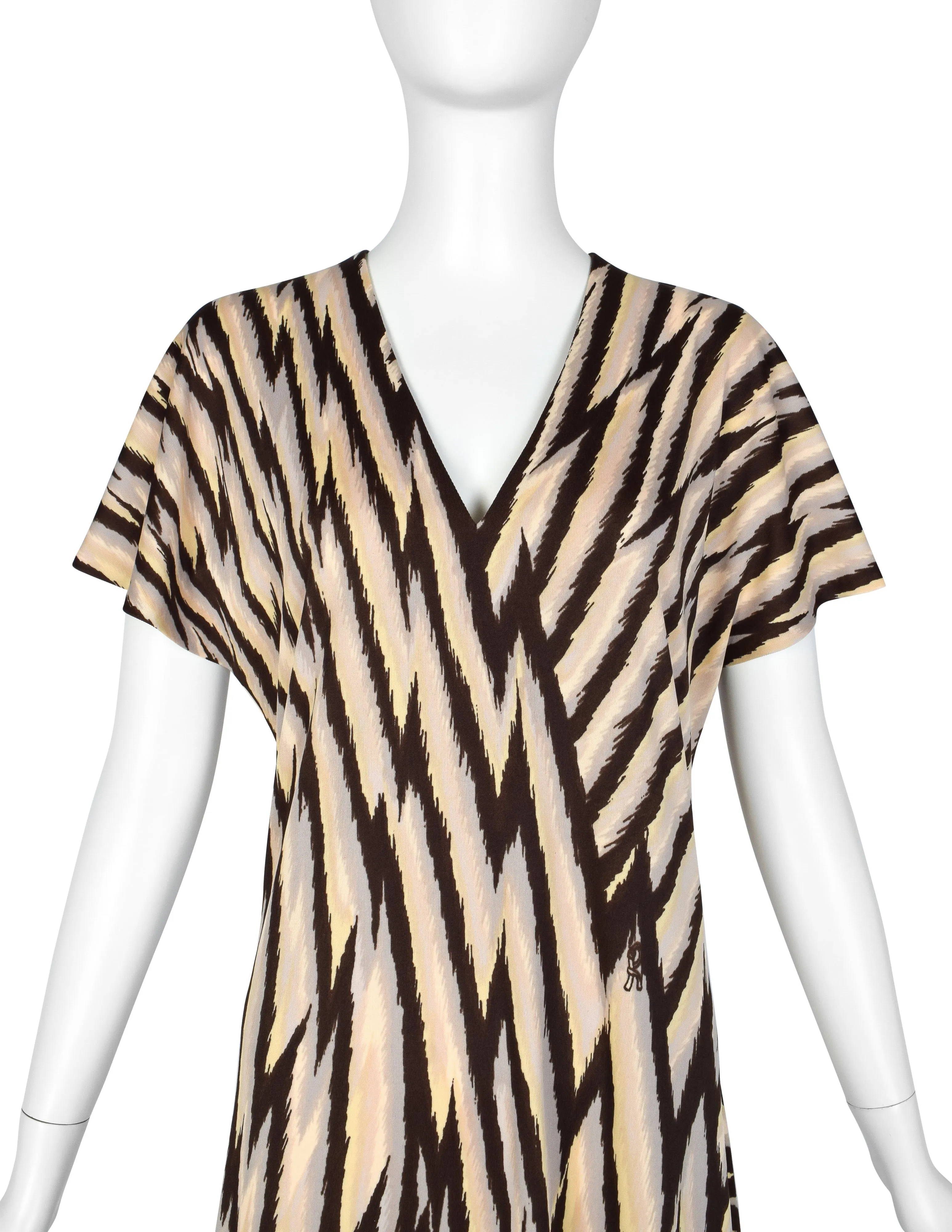 Roberta di Camerino Vintage 1978 Beige Yellow & Brown Zig Zag Print Jersey Maxi Dress