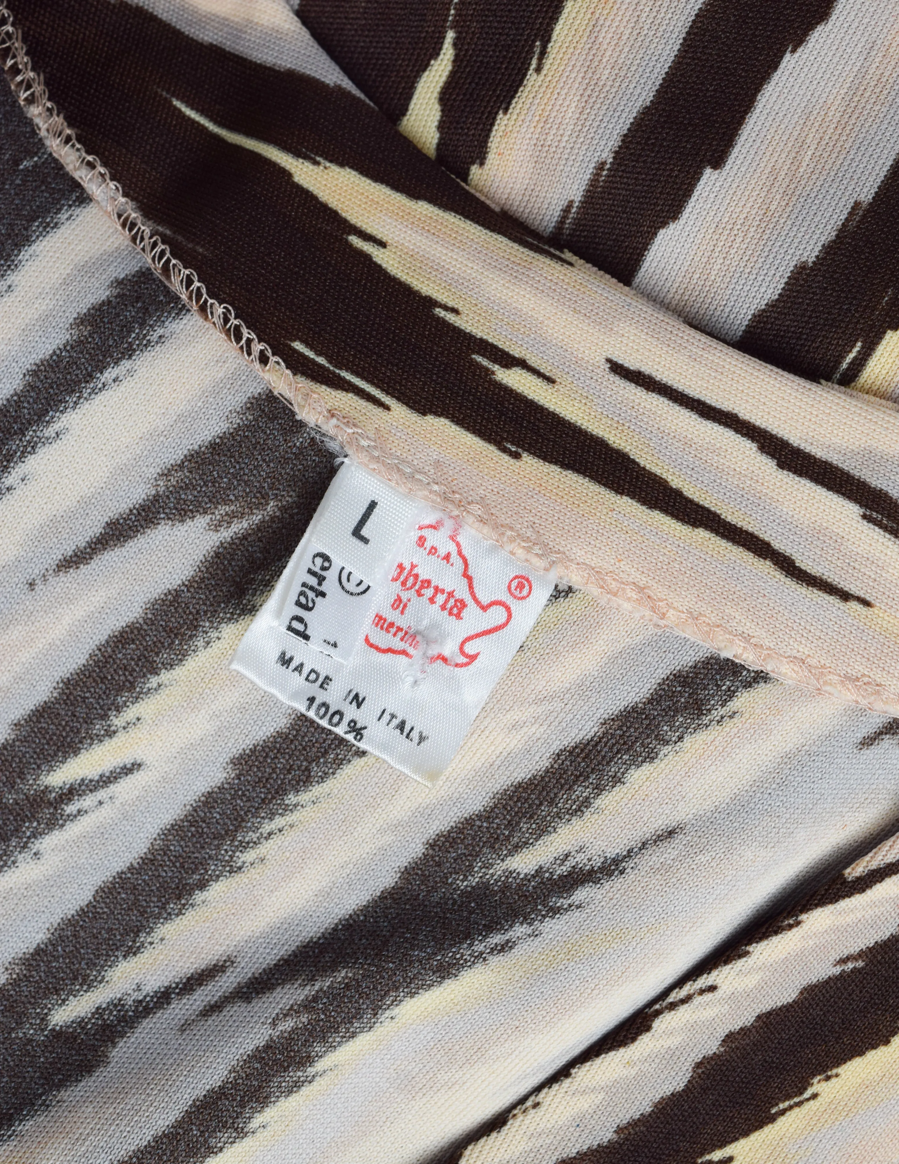 Roberta di Camerino Vintage 1978 Beige Yellow & Brown Zig Zag Print Jersey Maxi Dress