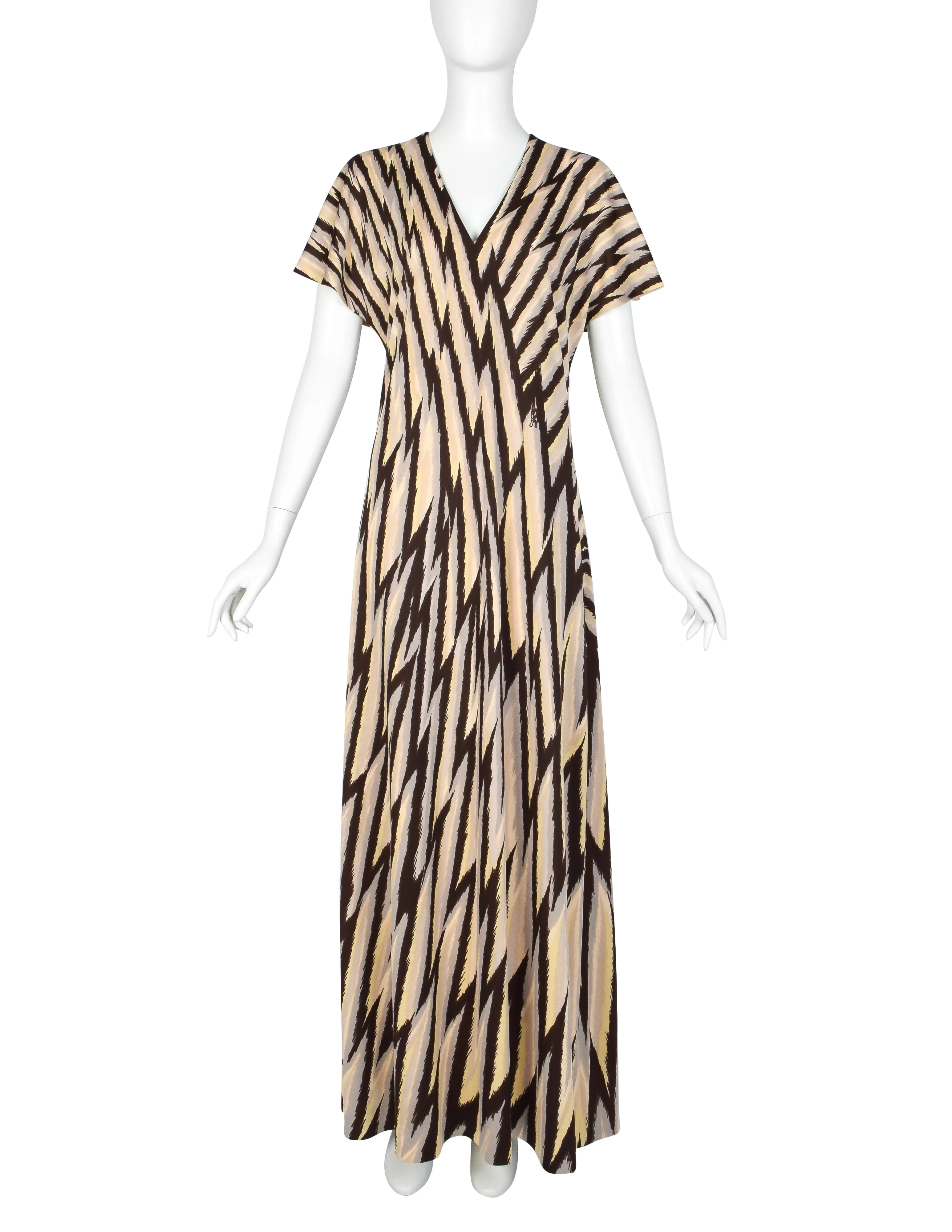 Roberta di Camerino Vintage 1978 Beige Yellow & Brown Zig Zag Print Jersey Maxi Dress
