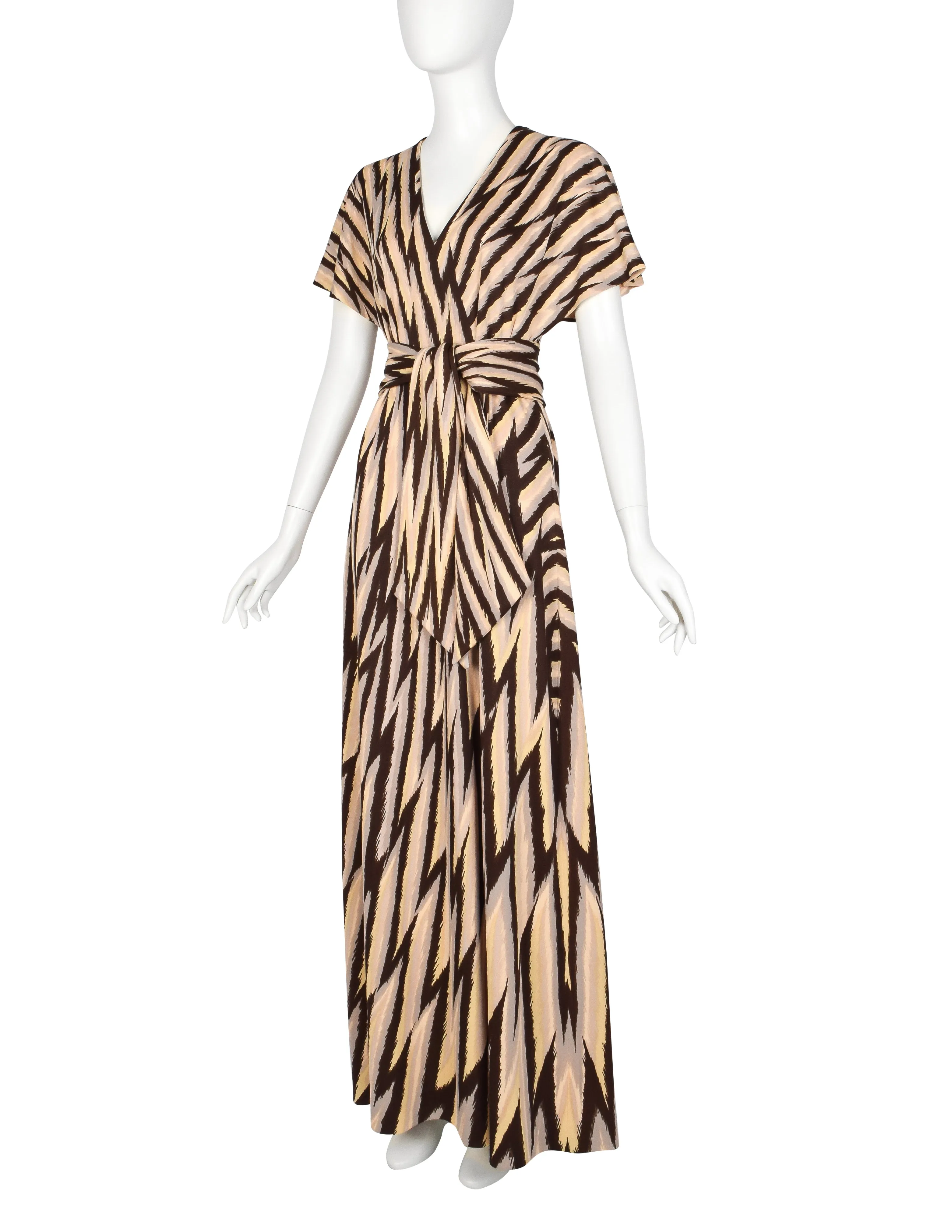Roberta di Camerino Vintage 1978 Beige Yellow & Brown Zig Zag Print Jersey Maxi Dress