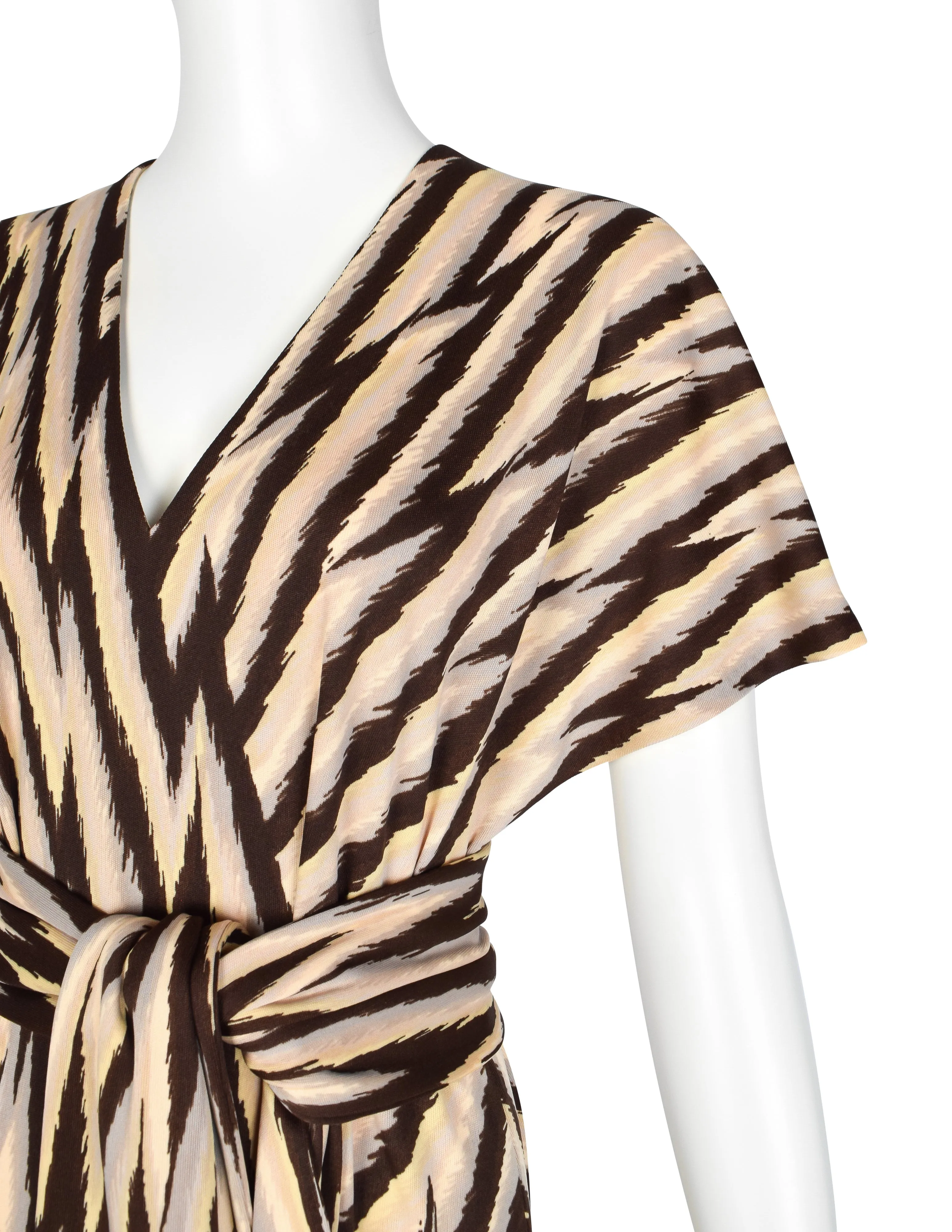 Roberta di Camerino Vintage 1978 Beige Yellow & Brown Zig Zag Print Jersey Maxi Dress