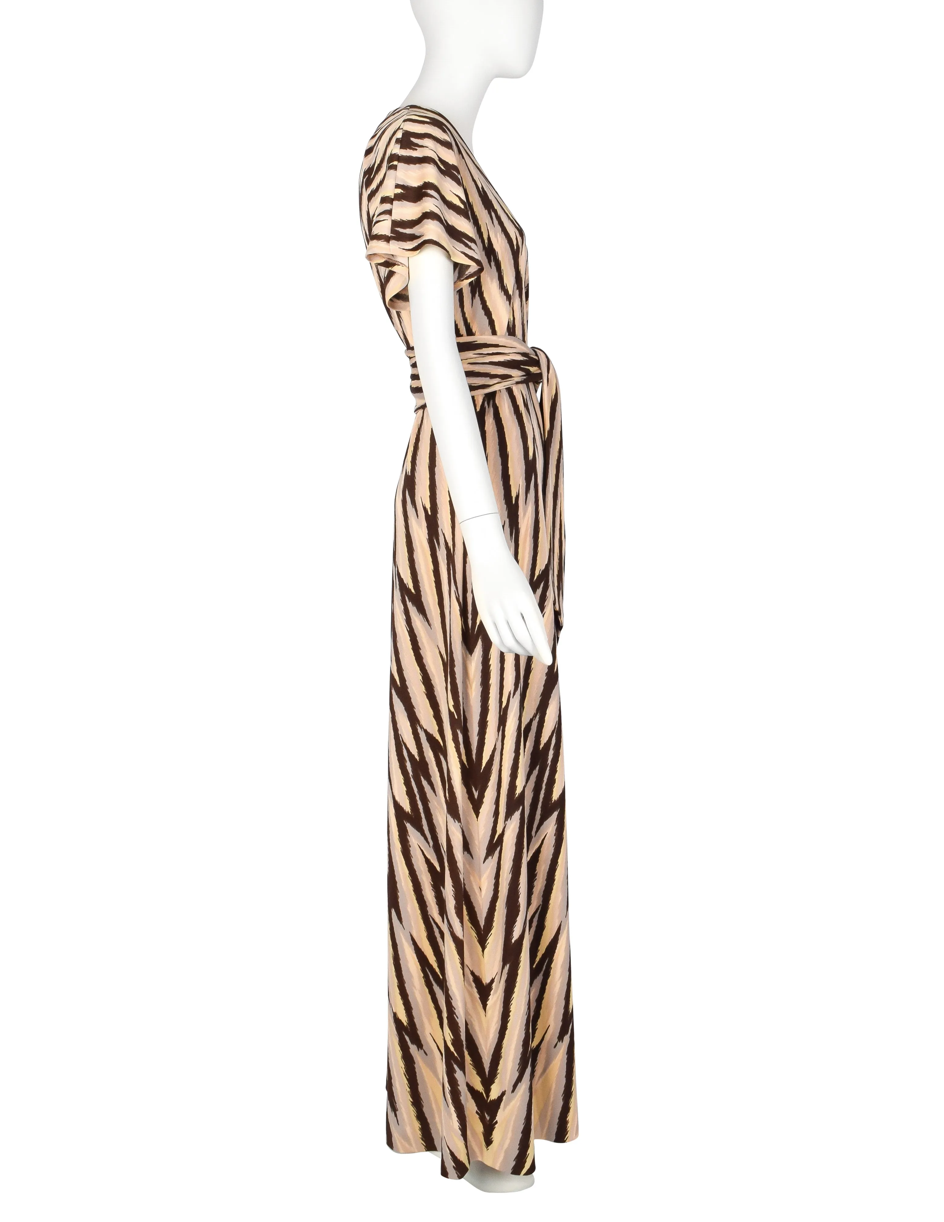 Roberta di Camerino Vintage 1978 Beige Yellow & Brown Zig Zag Print Jersey Maxi Dress