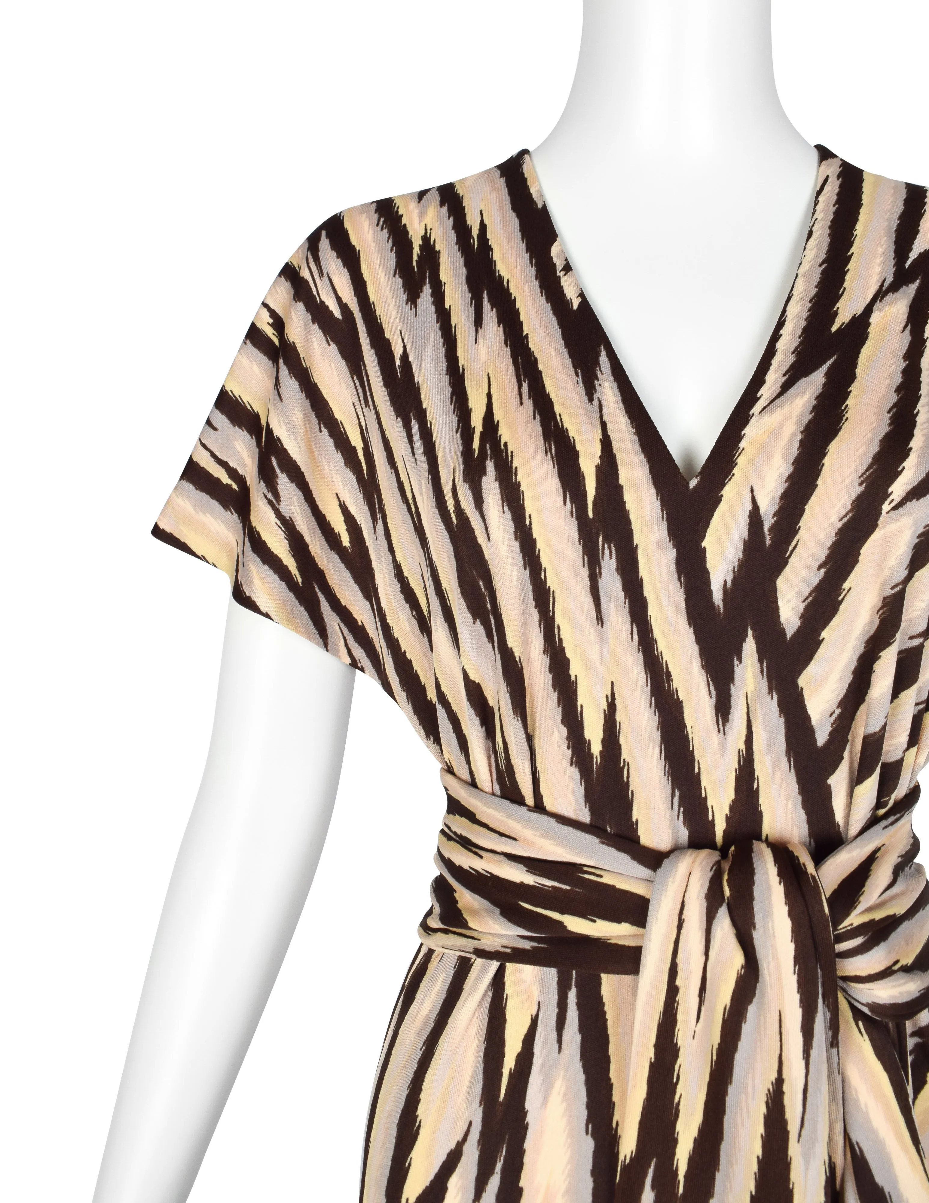 Roberta di Camerino Vintage 1978 Beige Yellow & Brown Zig Zag Print Jersey Maxi Dress