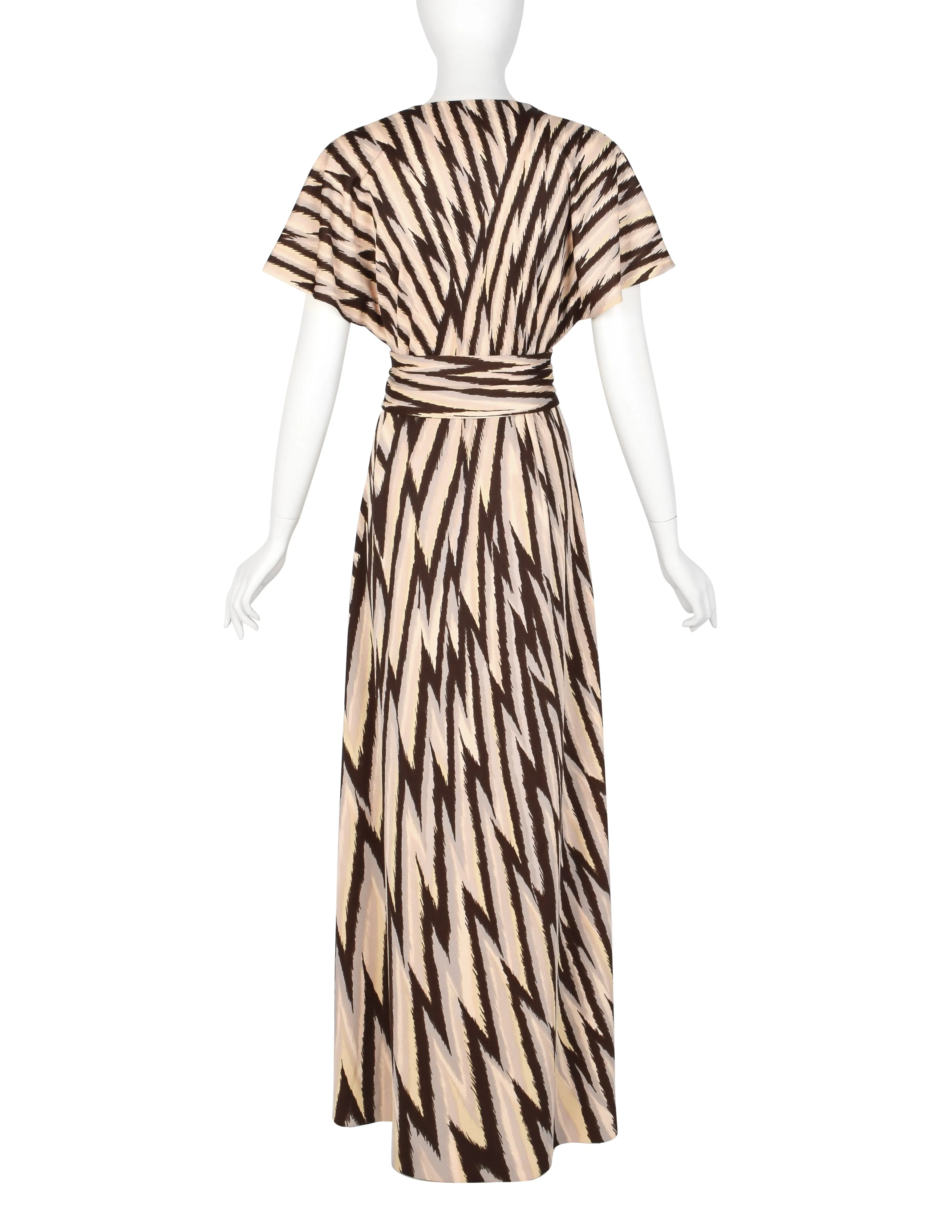 Roberta di Camerino Vintage 1978 Beige Yellow & Brown Zig Zag Print Jersey Maxi Dress