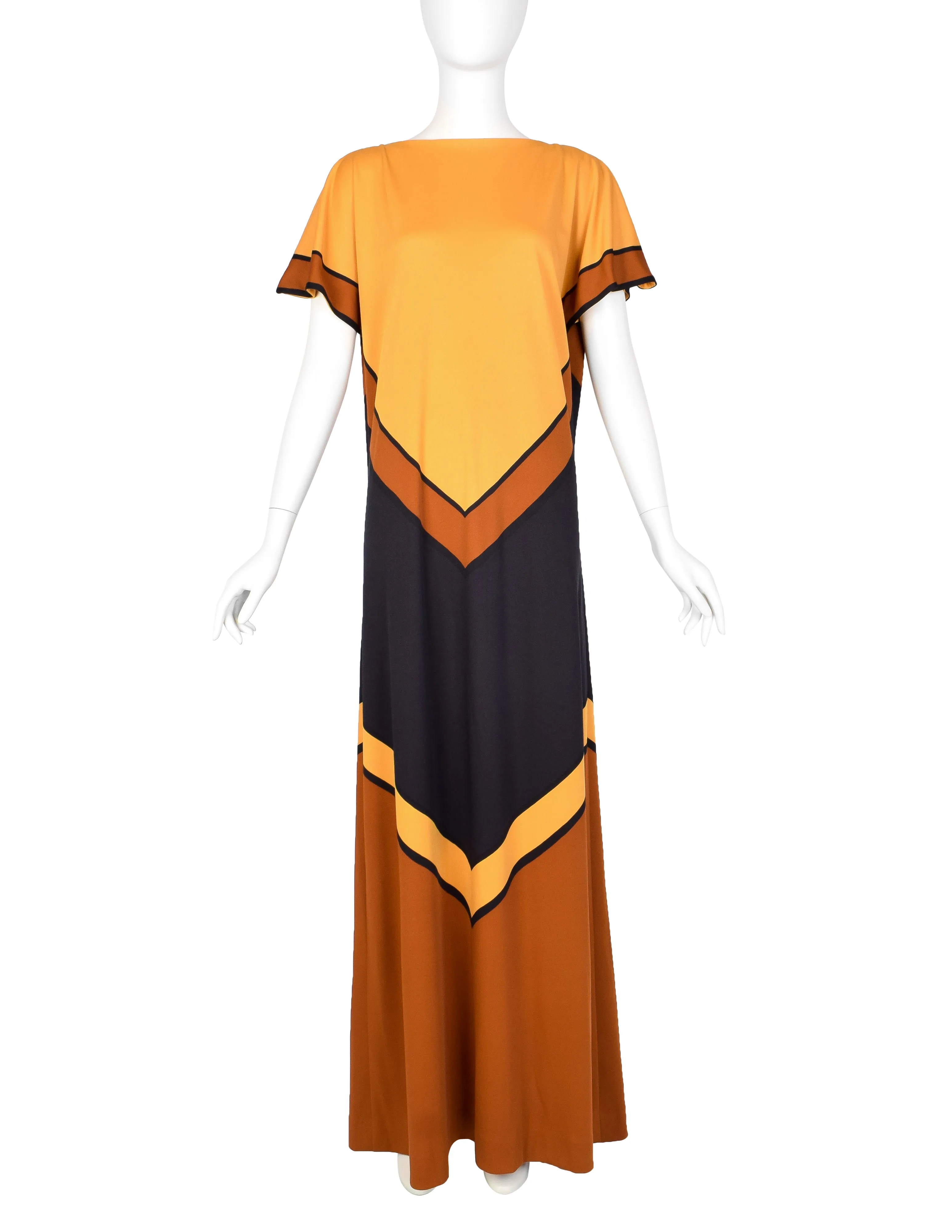 Roberta di Camerino Vintage 1978 Orange & Black Chevron Print Maxi Dress