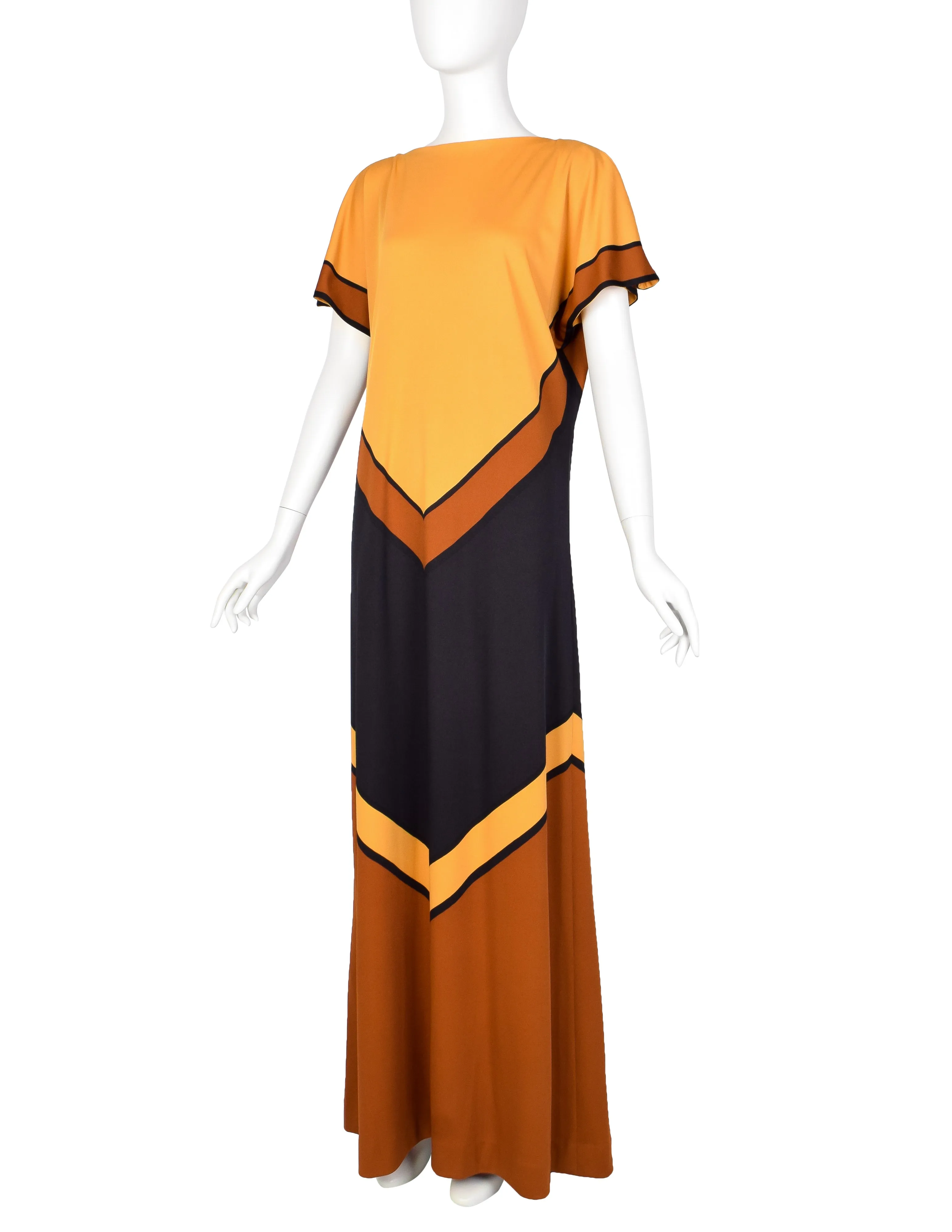 Roberta di Camerino Vintage 1978 Orange & Black Chevron Print Maxi Dress