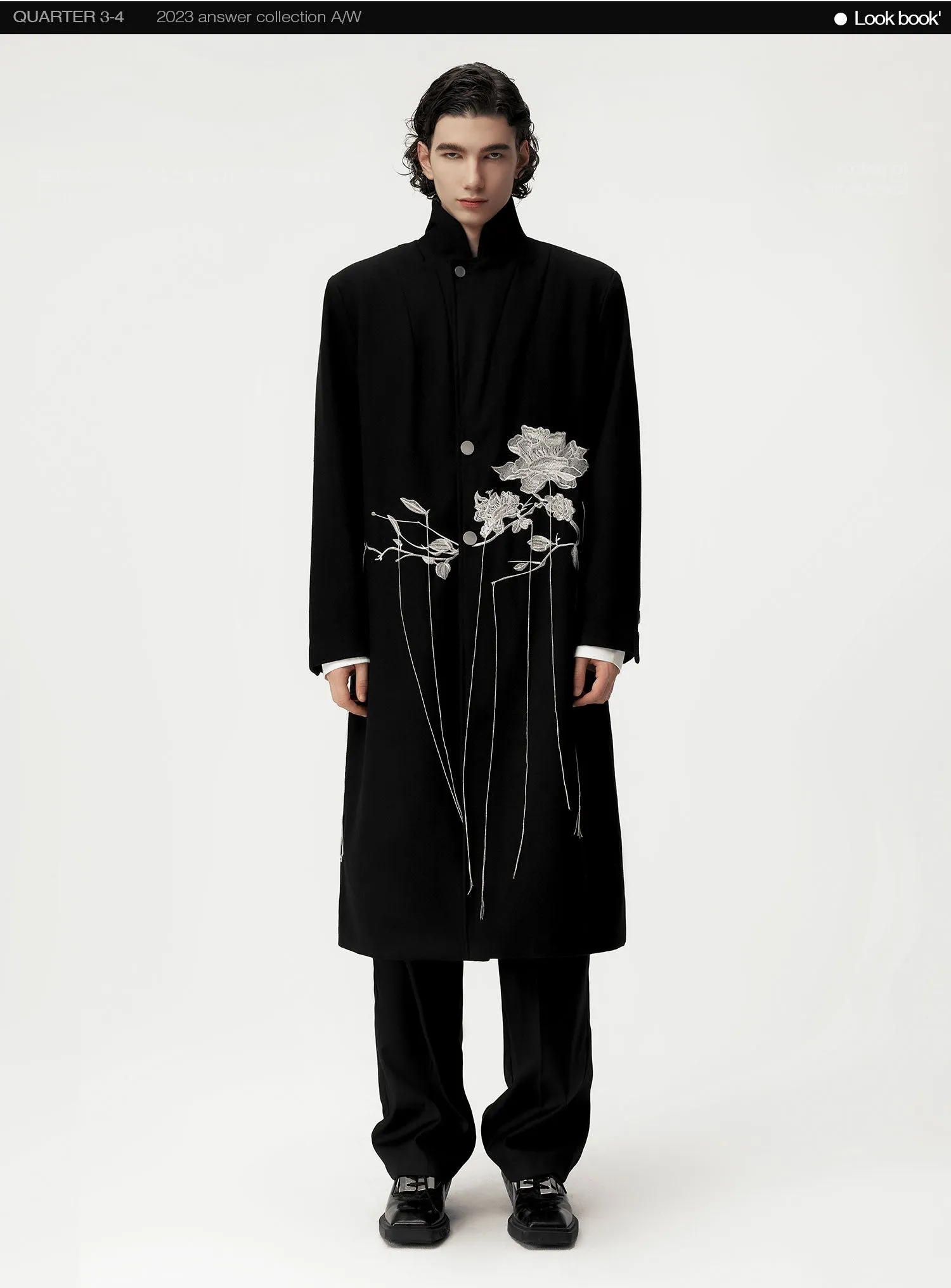 Rose Embroidery Casual Wool Long Coat