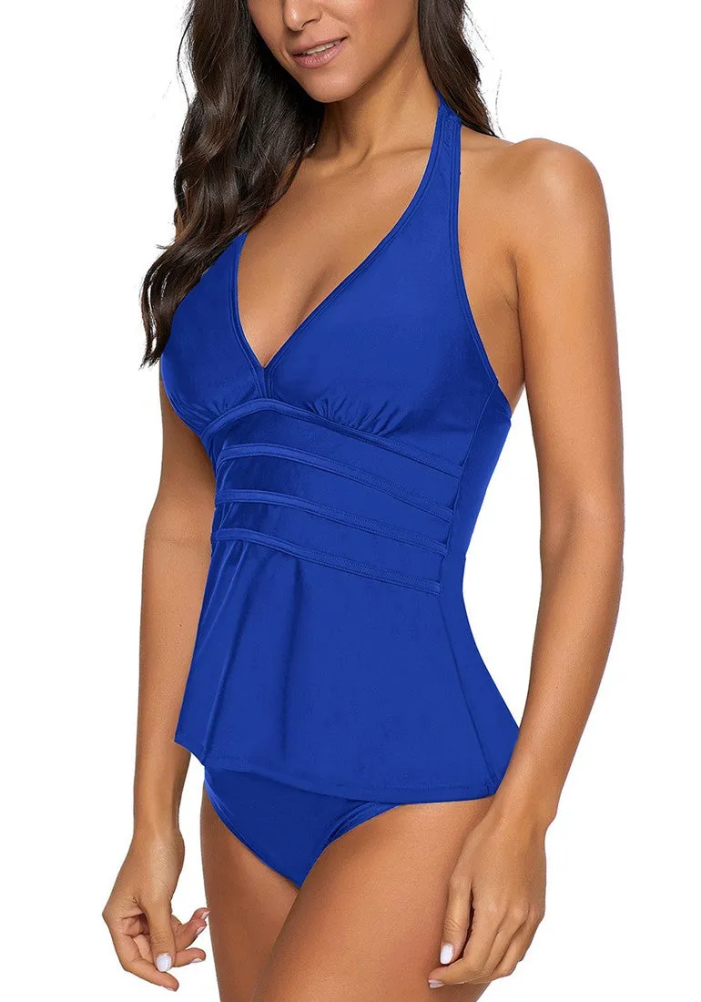 Royal Blue Solid Color Halter Tankini Set