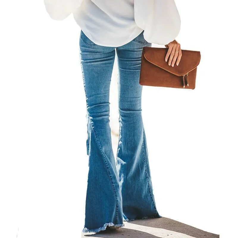 Sexy Flare Blue Elastic Waist Ripped Denim Pants