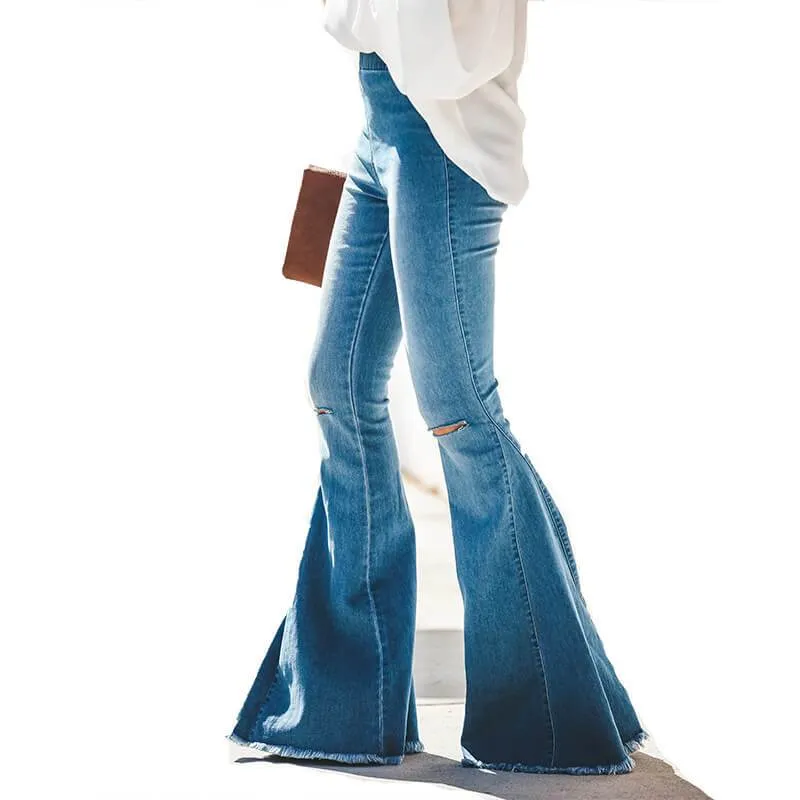 Sexy Flare Blue Elastic Waist Ripped Denim Pants