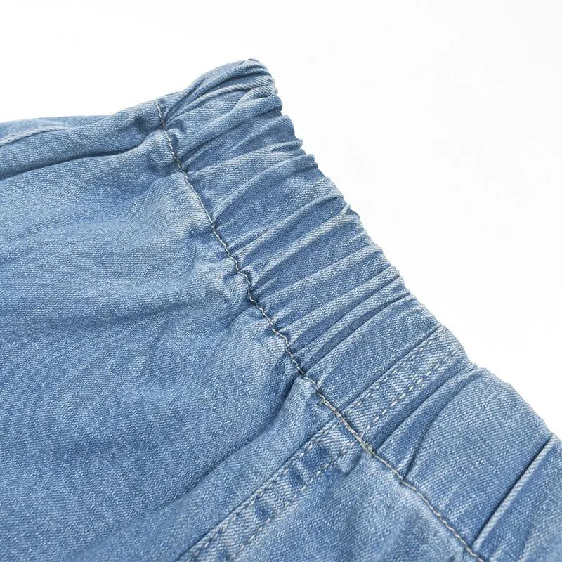 Sexy Flare Blue Elastic Waist Ripped Denim Pants