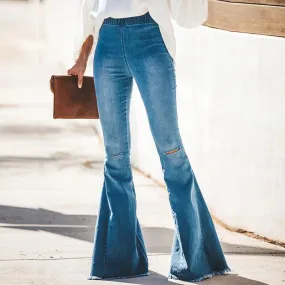 Sexy Flare Blue Elastic Waist Ripped Denim Pants
